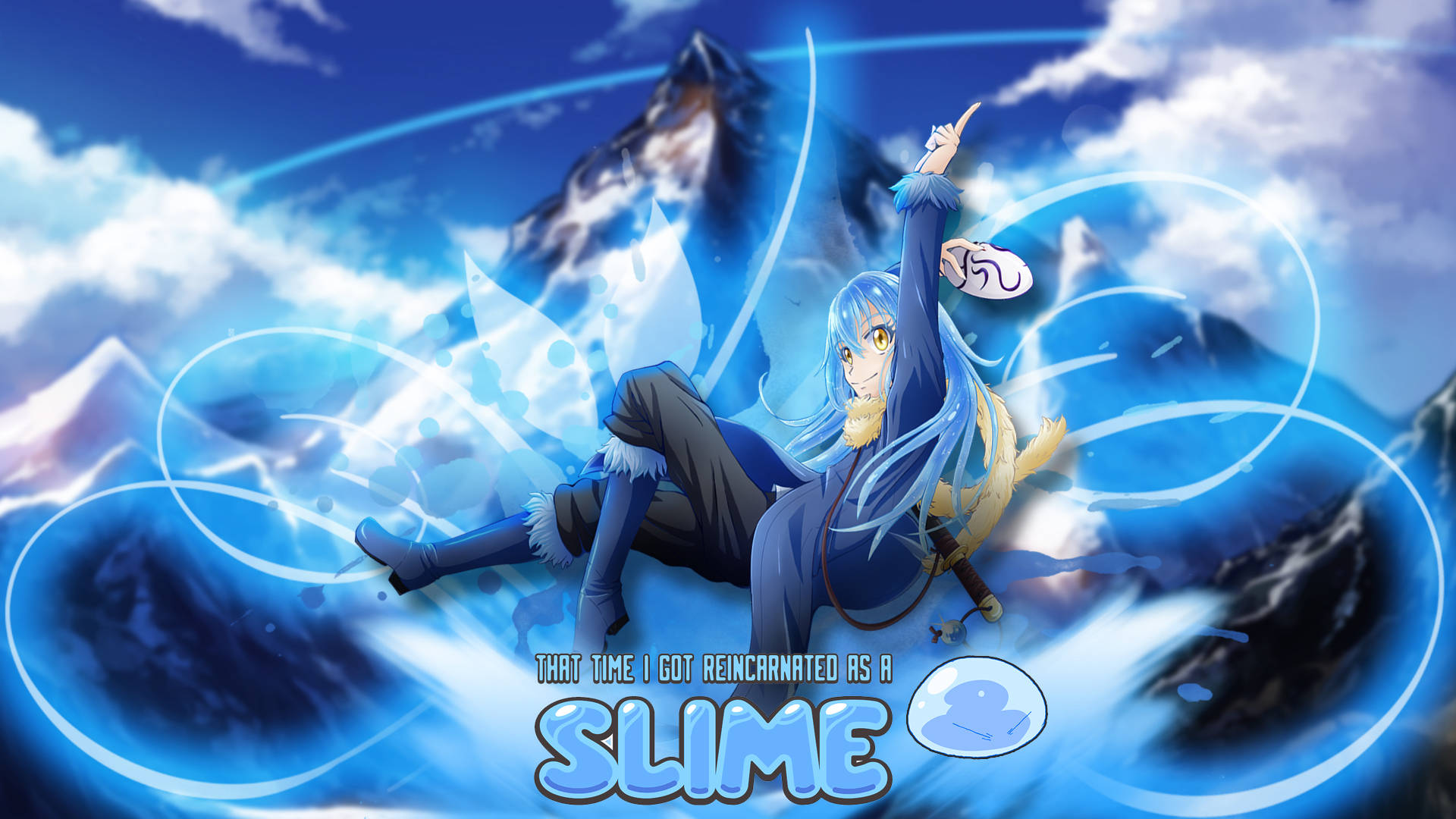 Rimuru 桌布 壁紙 — 一位藍髮動漫女孩穿著冬季裝備，在旋轉的藍色能量中漂浮，背景是雪山。