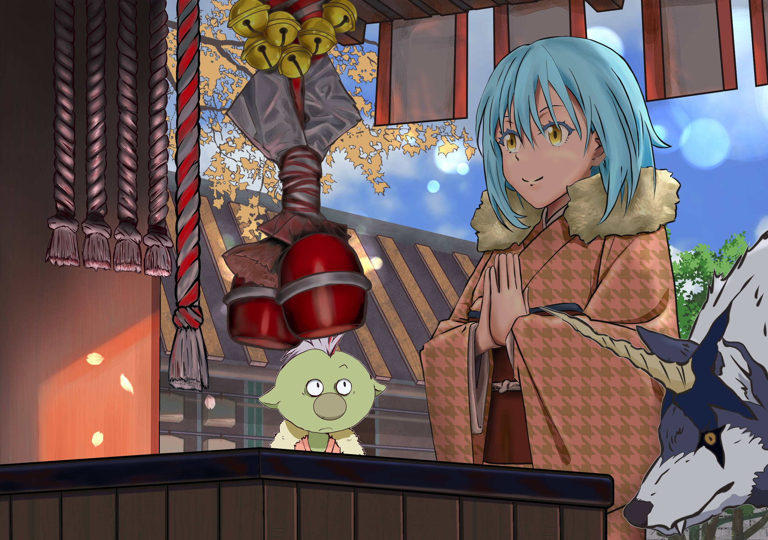 Rimuru 桌布 壁紙 — 一位藍髮動漫女孩穿著圖案和服，在傳統神社旁與狼和小綠色生物一起祈禱，周圍有秋葉。