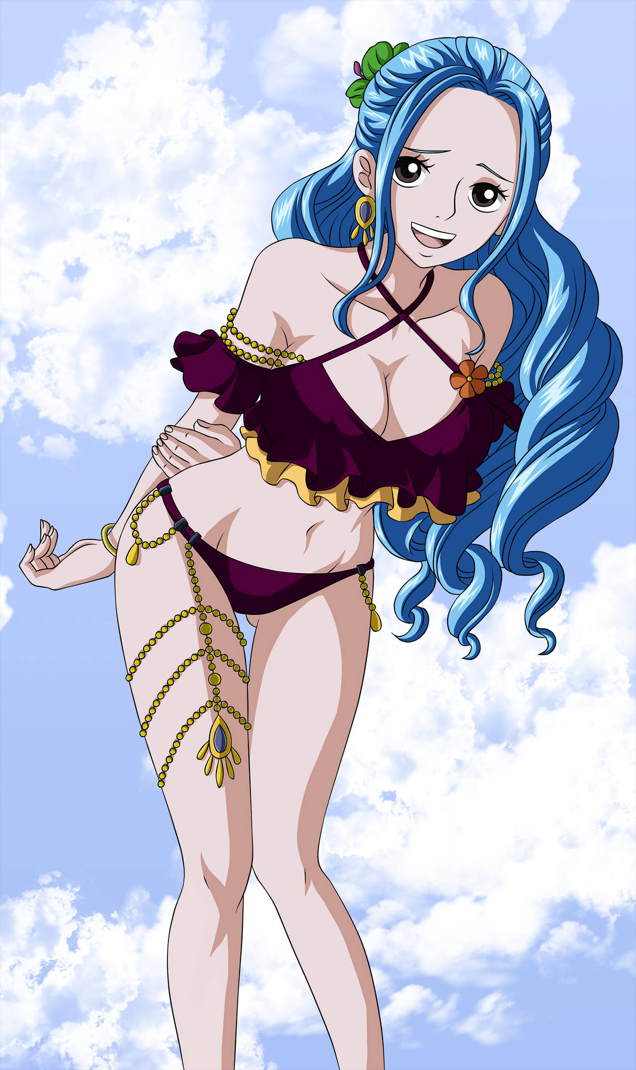 nefertari vivi 桌布 壁紙 — 一位藍髮動漫女孩穿著帶金鏈的栗色比基尼，在明亮的陰天天空下擺姿勢。