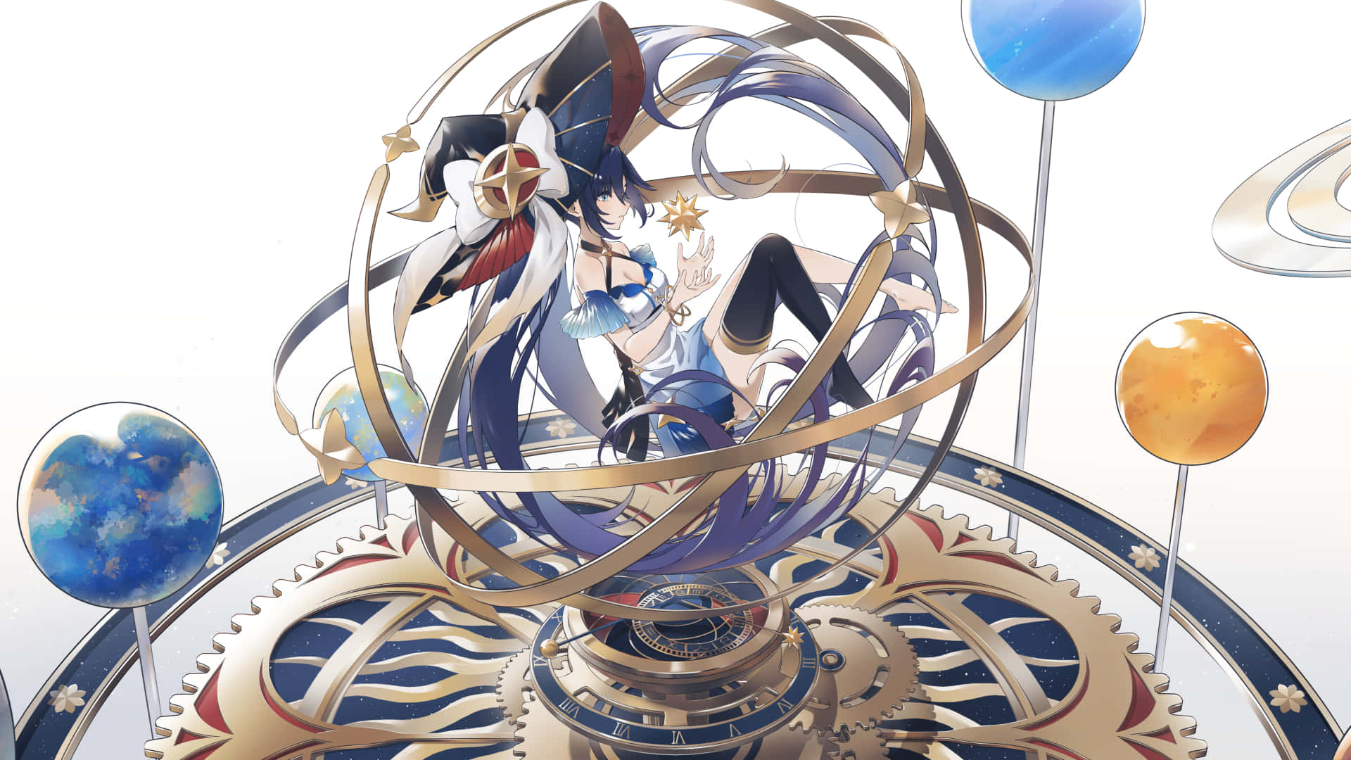 Genshin Impact Mona 桌布 壁紙 — 一位藍髮動漫女孩穿著星星主題服裝，漂浮在金色天體和複雜的時鐘齒輪之間。
