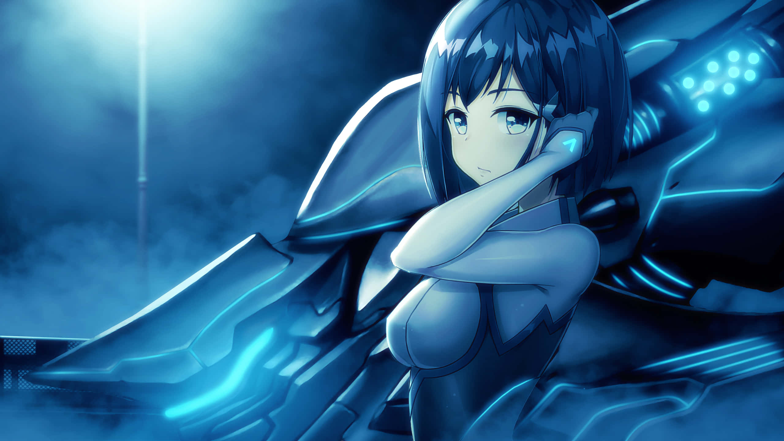 DARLING in the FRANXX 桌布 壁紙 — 一位藍髮動漫女孩穿著未來主義套裝，手托下巴，背景是發光的網絡背景。
