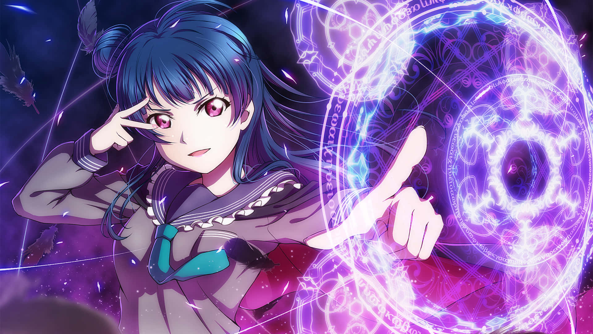 Purple Anime 桌布 壁紙 — 一位藍髮動漫女孩穿著校服，在黑暗的宇宙背景下指向一個發光的紫色魔法陣。