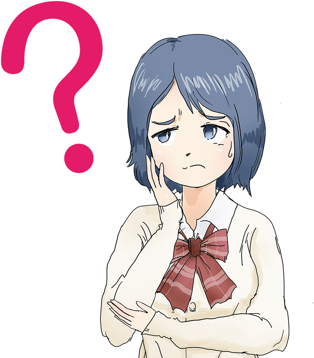 動漫 桌布 壁紙 — 一位藍髮動漫女孩穿著校服，旁邊漂浮著一個粉紅色問號，看起來很困惑。