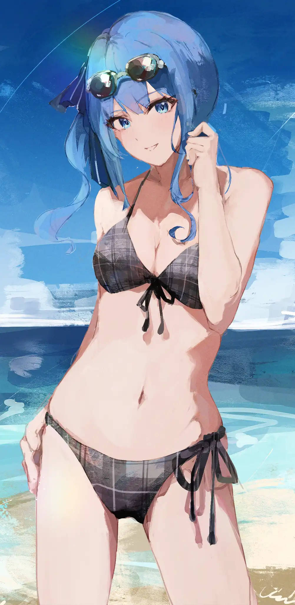 anime sexy 桌布 壁紙 — 一位藍髮動漫女孩穿著格紋比基尼，戴著太陽眼鏡，站在沙灘上，頭頂是明亮的藍天。