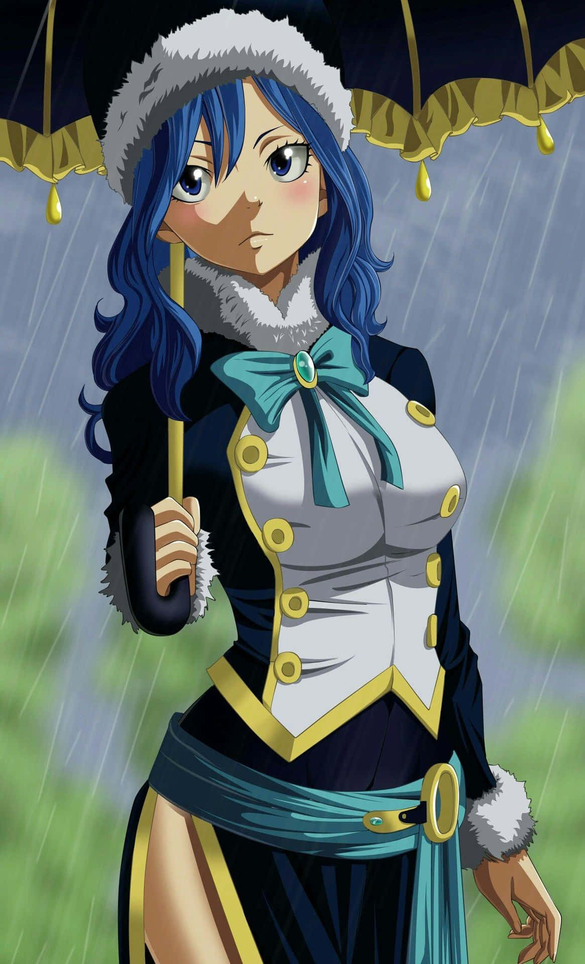 juvia lockser 桌布 壁紙 — 一位藍髮動漫女孩穿著毛領外套，在雨中撐著傘。