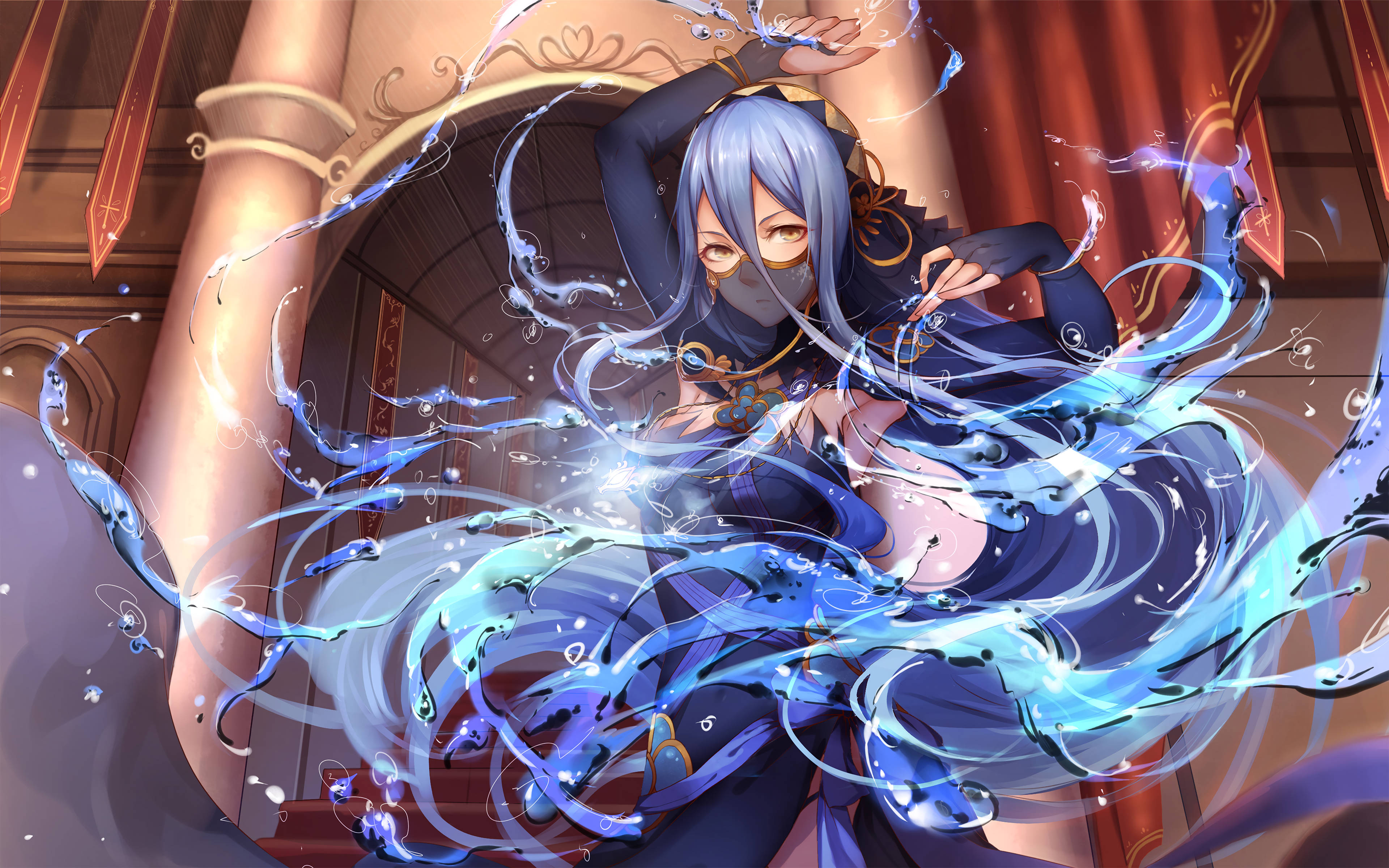 Fire Emblem 桌布 壁紙 — 一位藍髮動漫女孩穿著深色服裝，在華麗的室內環境中操控發光的藍色水魔法。