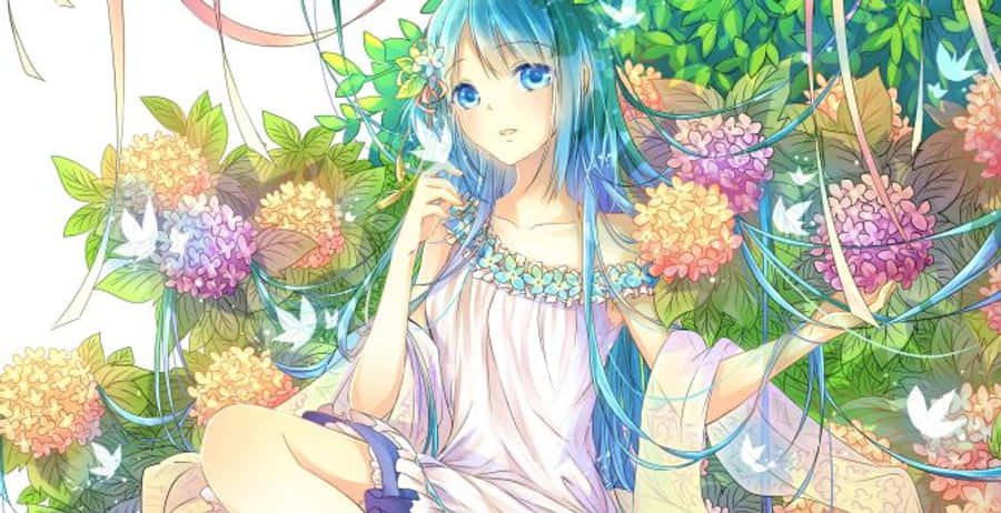Anime Flower 桌布 壁紙 — 一位藍髮動漫女孩穿著淺色連衣裙，坐在色彩繽紛的繡球花和飛舞的白鳥之中。