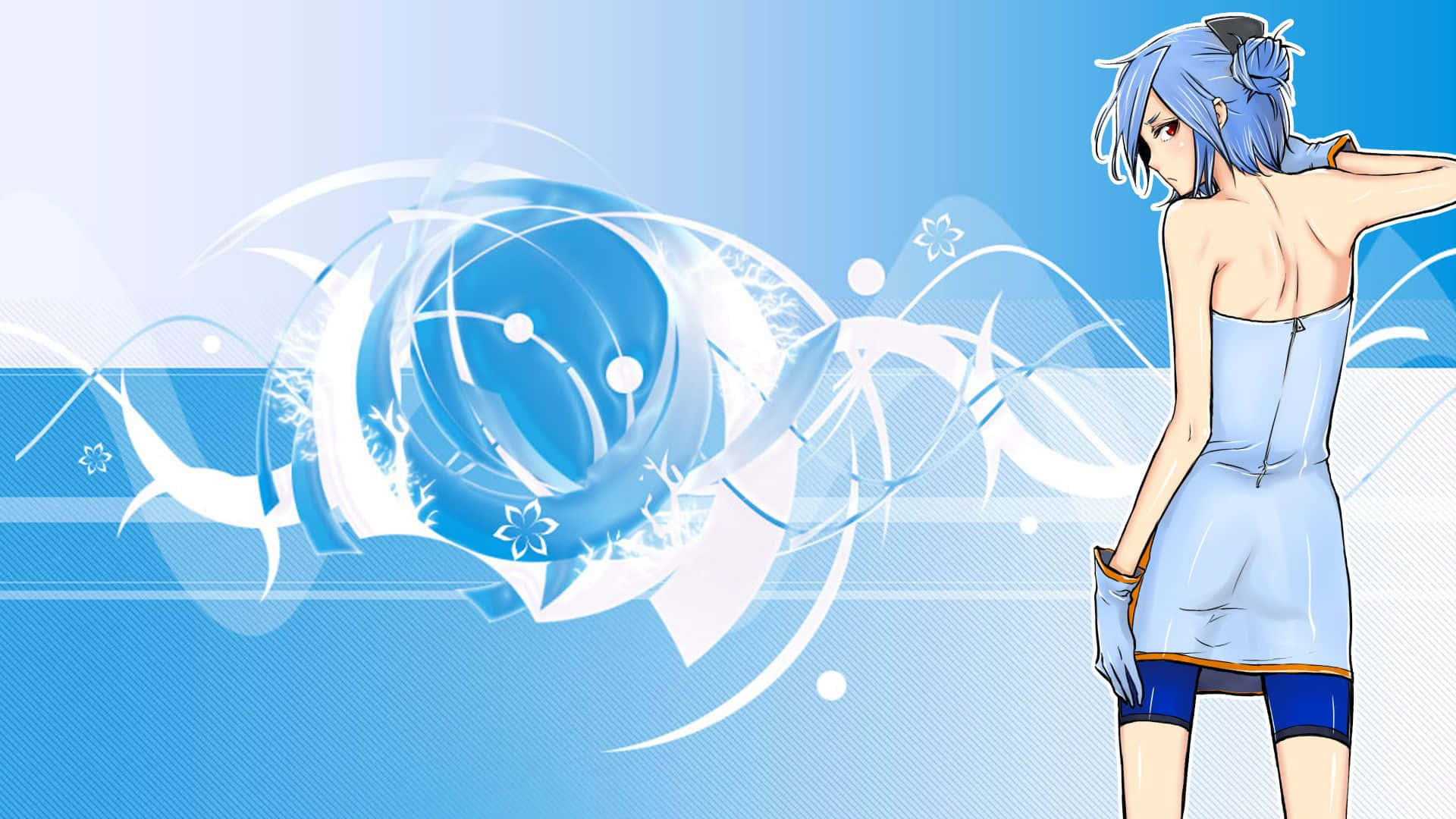 初音未來 桌布 壁紙 — 一位藍髮動漫女孩穿著淺藍色連衣裙，站在旋轉的抽象能量圖案旁邊，背景是漸變藍色。