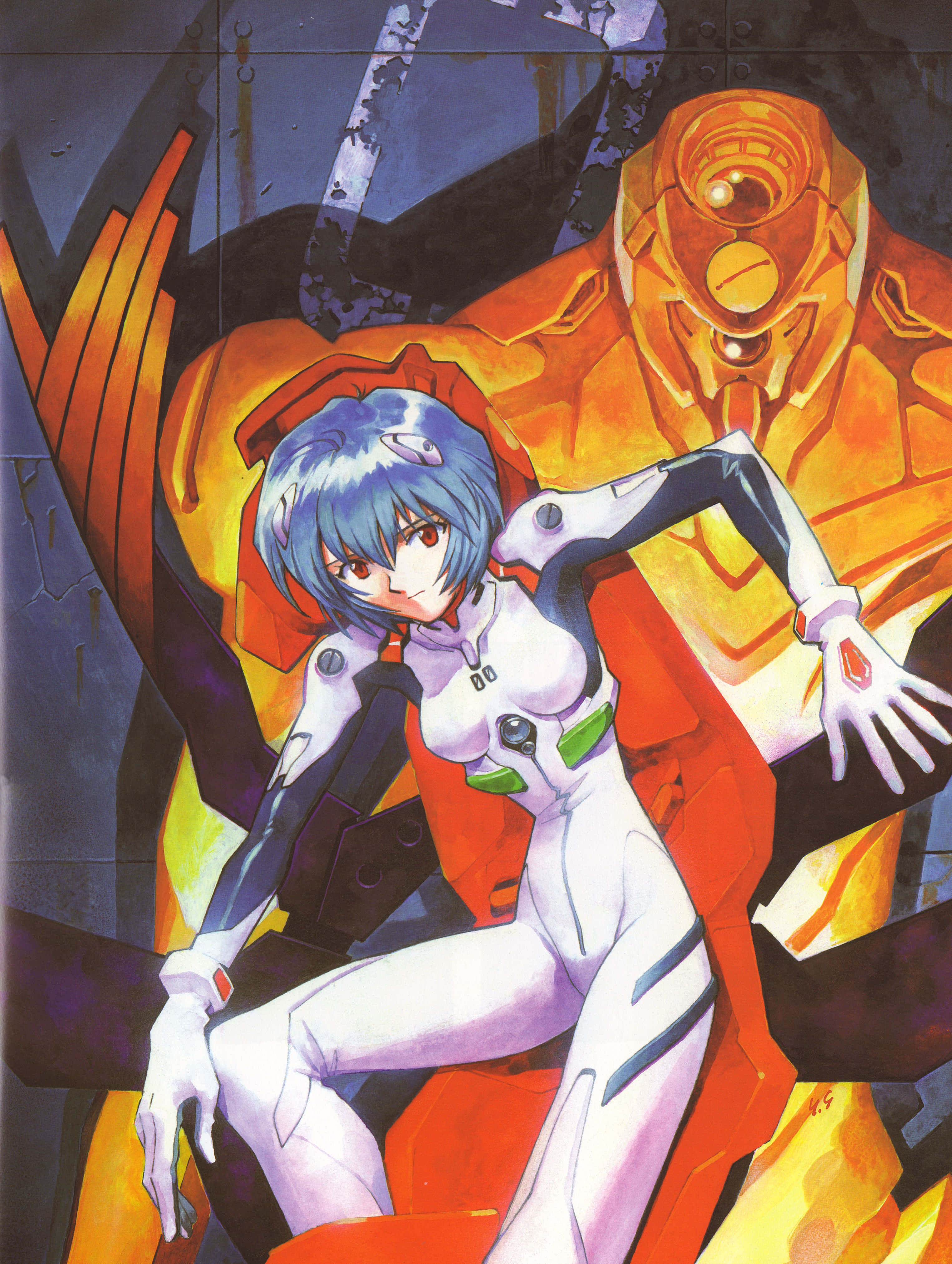 Eva-00 桌布 壁紙 — 一位藍髮動漫女孩穿著白色和紅色的插頭服，自信地坐在高聳的橙色生物機械巨人面前。