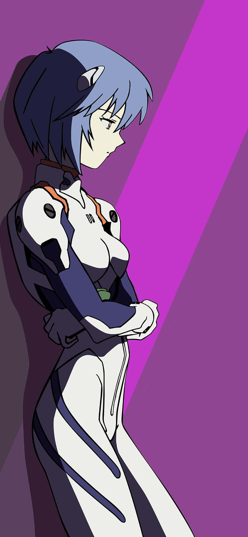 nge 桌布 壁紙 — 一位藍髮動漫女孩穿著白色和藍色的插頭服，側面站在充滿活力的紫色背景前。