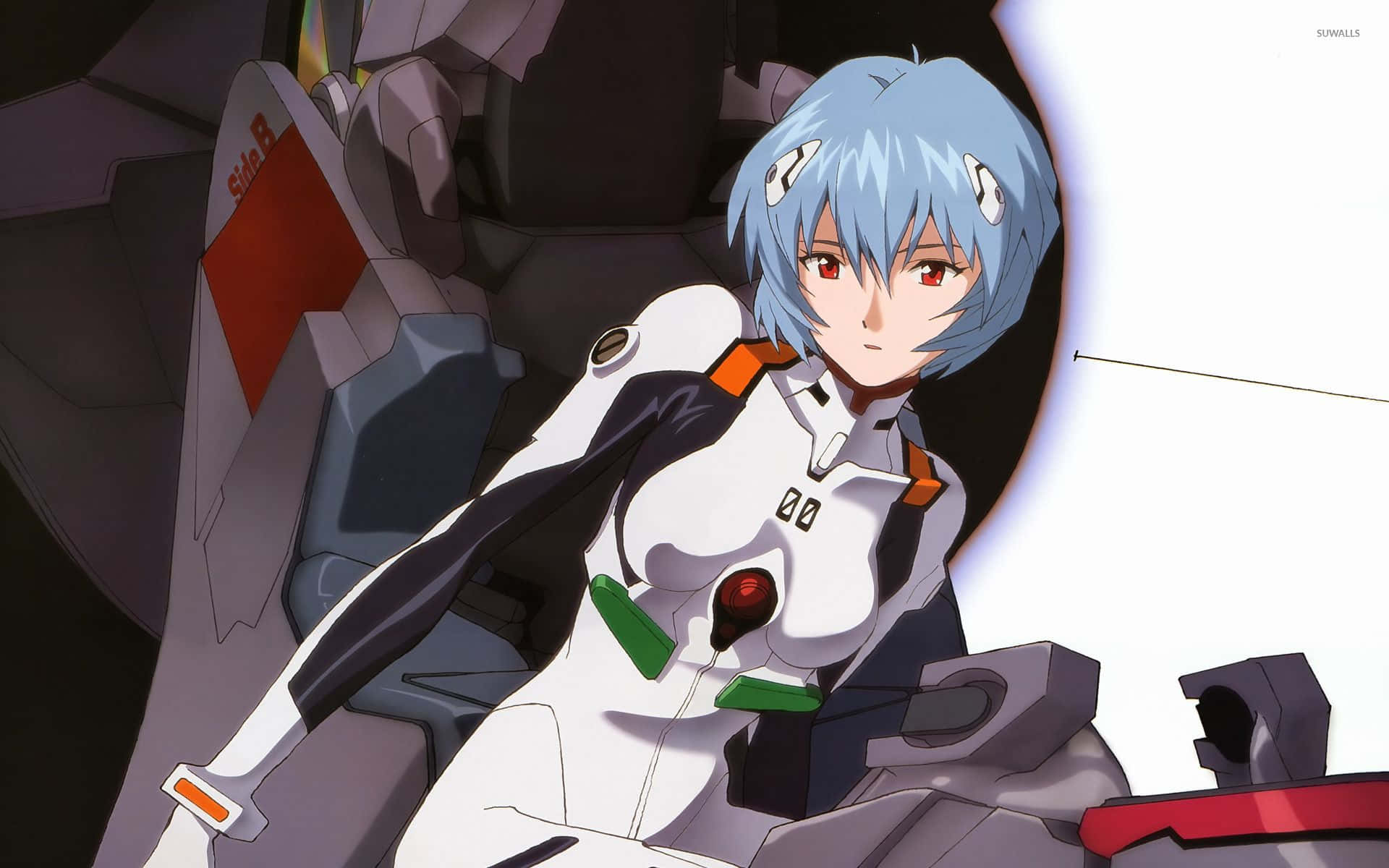 rei ayanami 桌布 壁紙 — 一位藍髮動漫女孩穿著白色和黑色的插頭服，坐在帶有紅色點綴的巨型機械機器人內部。
