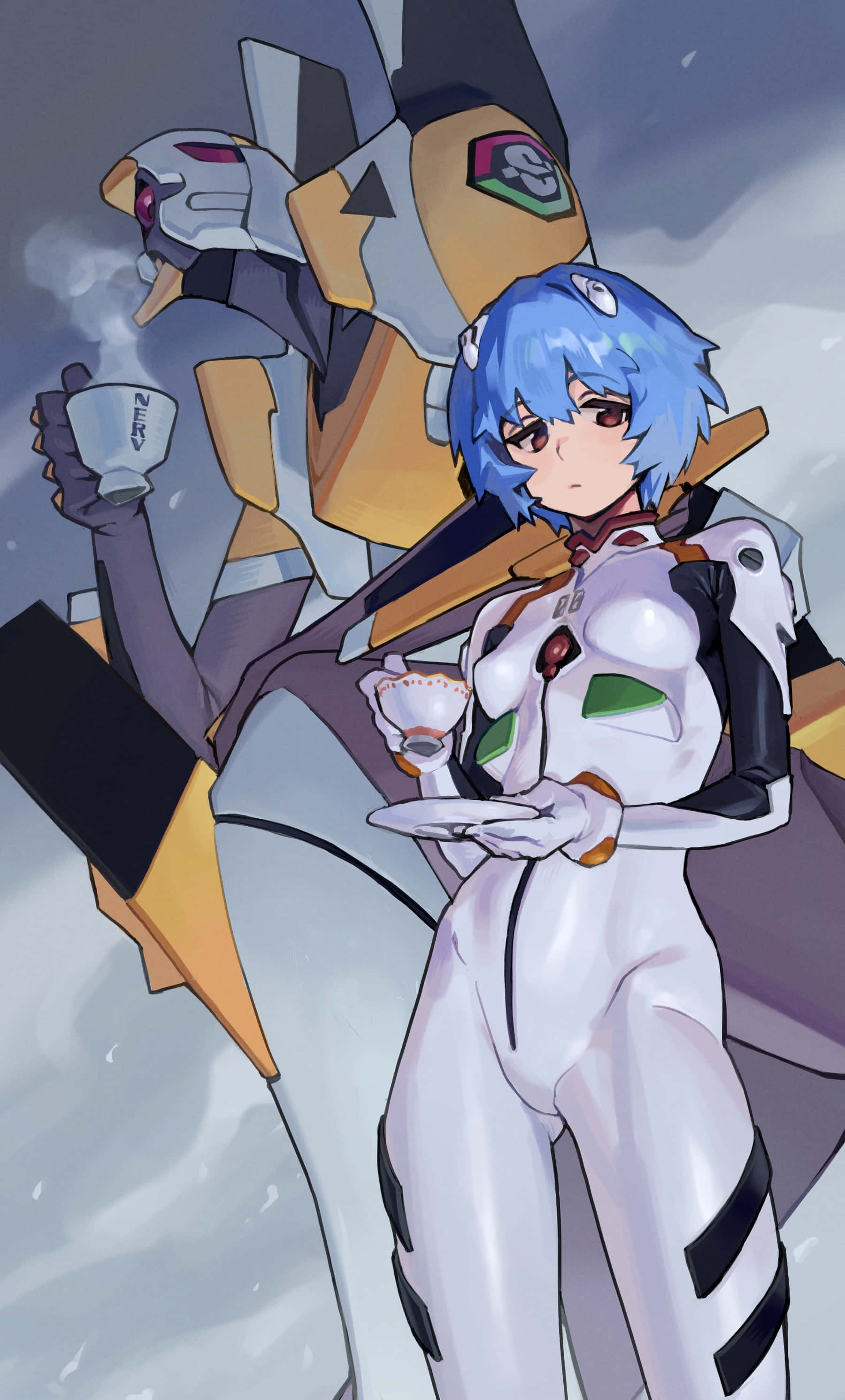 Eva-00 桌布 壁紙 — 一位藍髮動漫女孩穿著白色插頭服，手持茶飲，身後有巨大機甲矗立在雪景中。