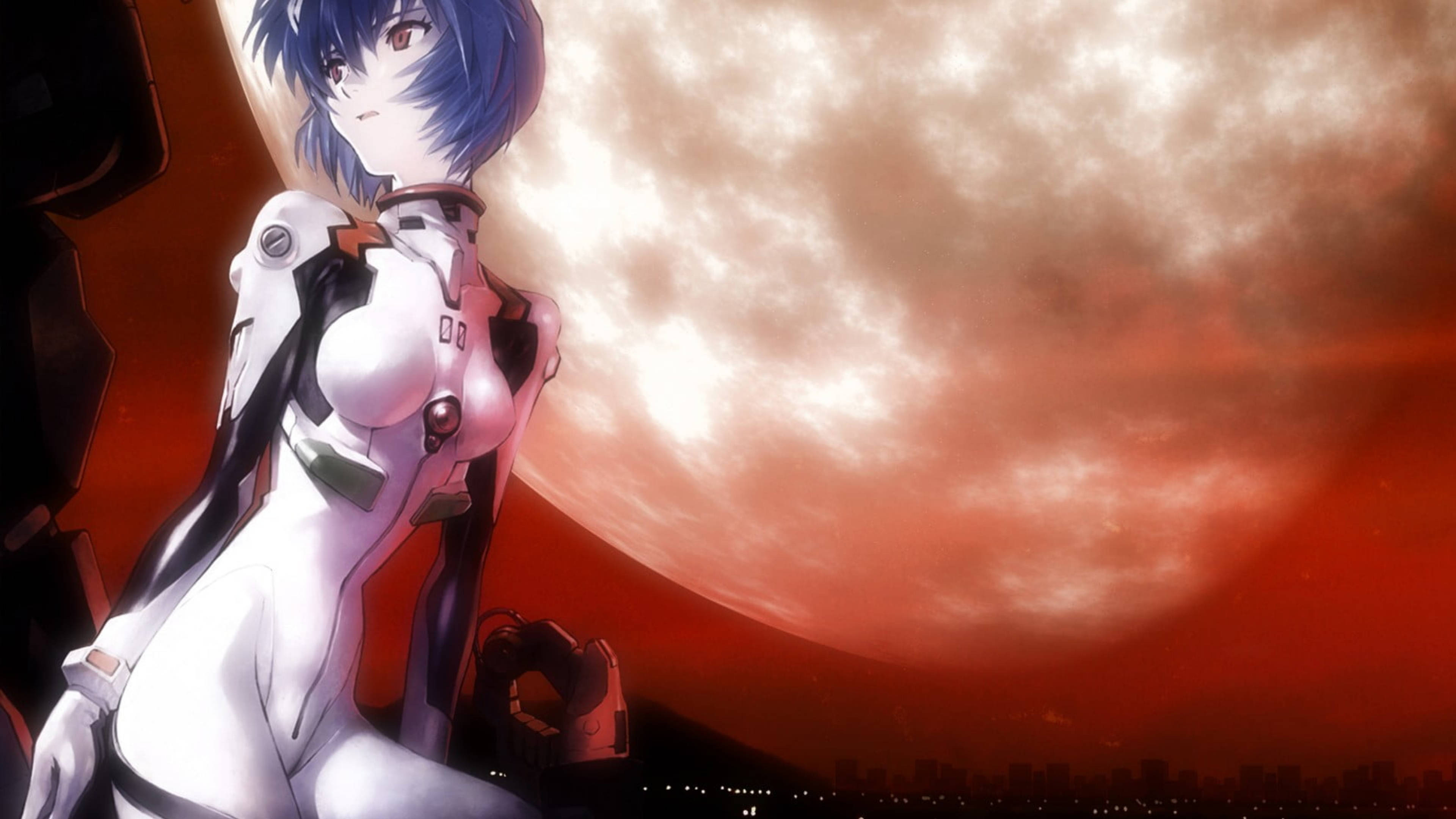rei ayanami 桌布 壁紙 — 一位藍髮動漫女孩穿著白色插頭服，站在巨大的紅月前，下方是城市天際線。