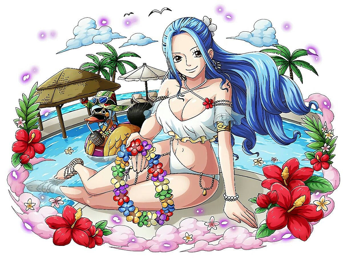 nefertari vivi 桌布 壁紙 — 一位藍髮動漫女孩穿著白色比基尼，在熱帶泳池旁放鬆，周圍環繞著芙蓉花和棕櫚樹。