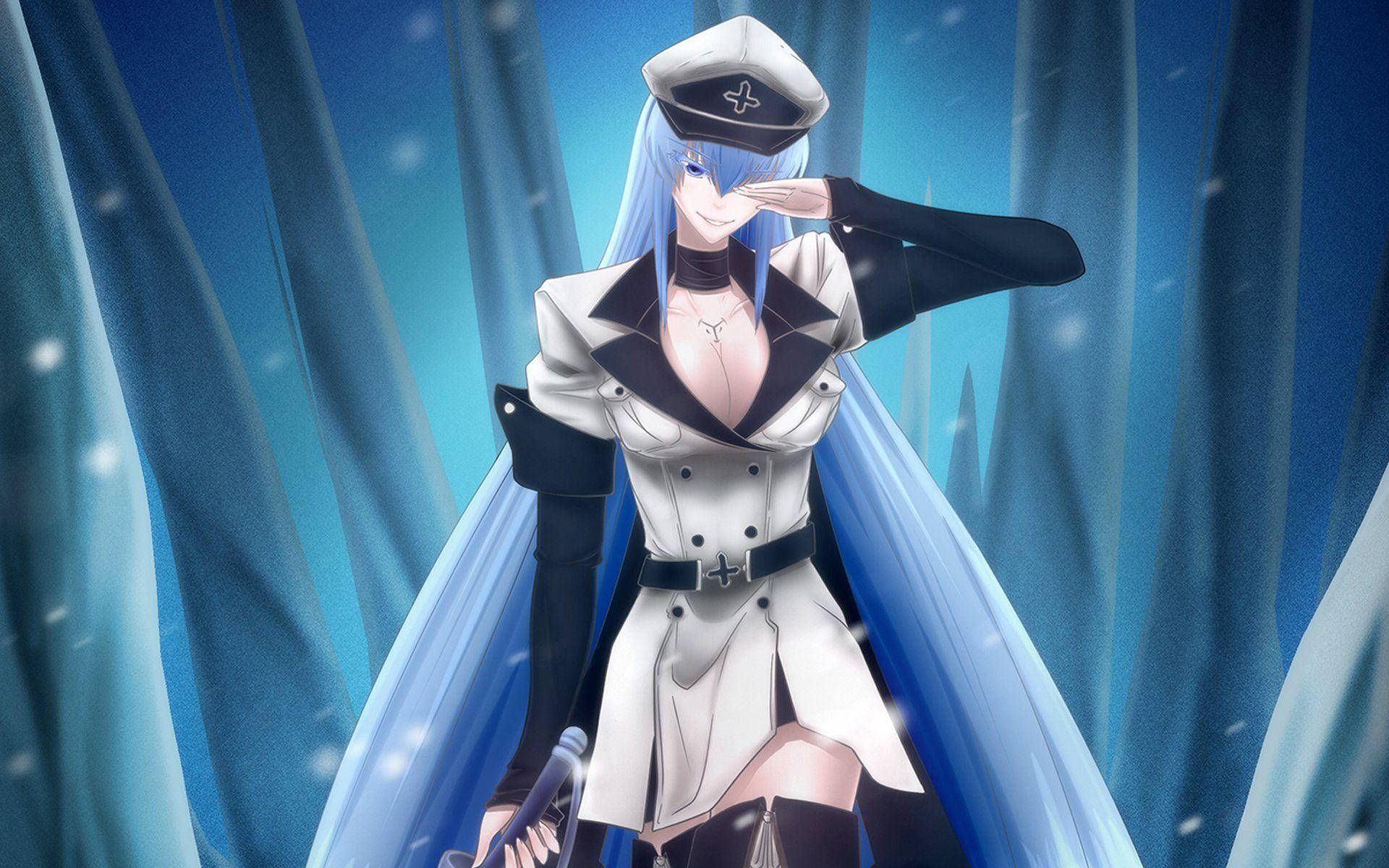Esdeath 桌布 壁紙 — 一位藍髮動漫女孩穿著白色海軍制服，在深藍色窗簾背景下於飄雪中敬禮。