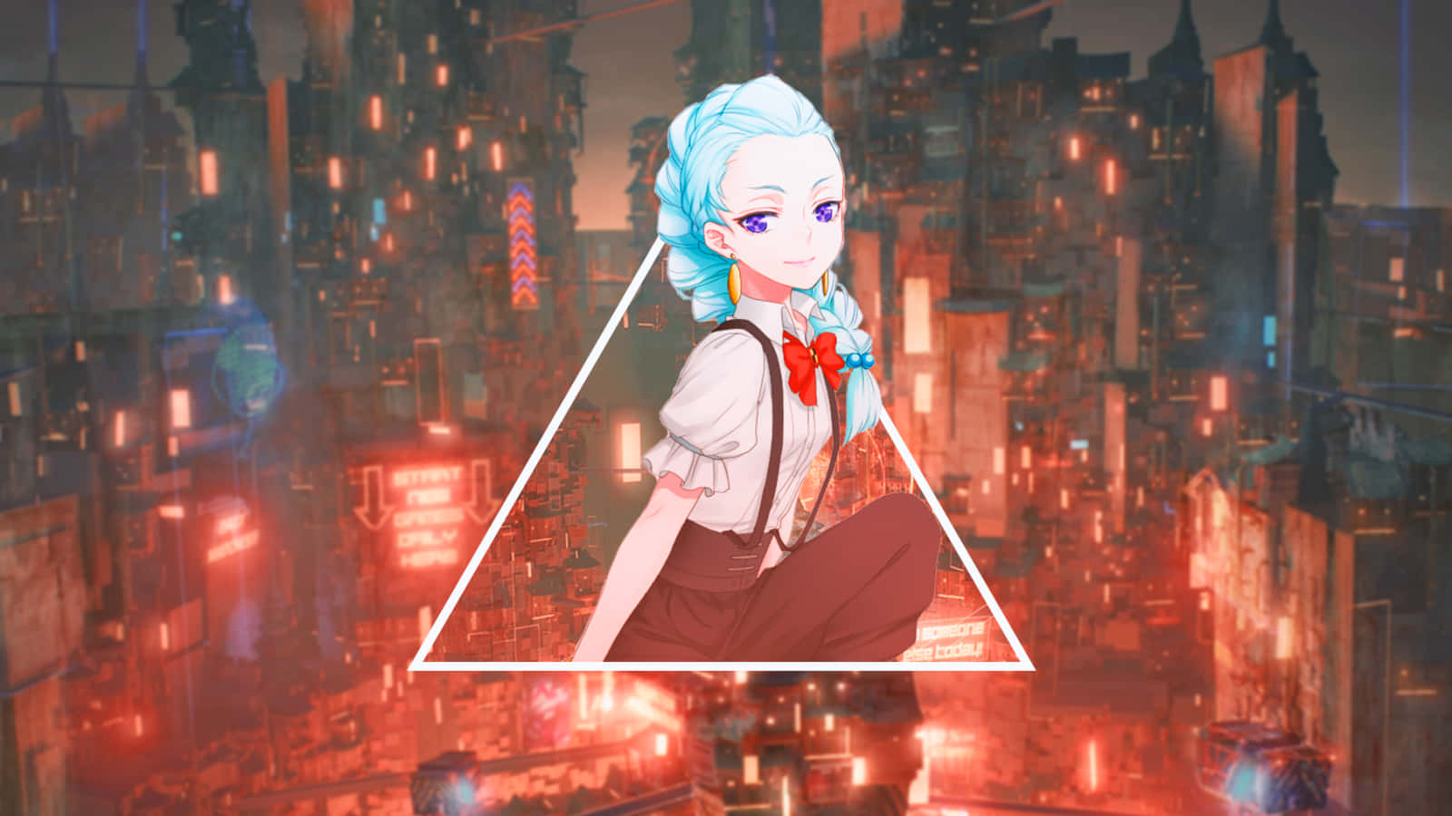 Death Parade 桌布 壁紙 — 一位藍髮動漫女孩穿著白色襯衫和紅色蝴蝶結，在夜間霓虹閃爍的賽博龐克城市景觀中，平靜地坐在一個發光的三角形內。