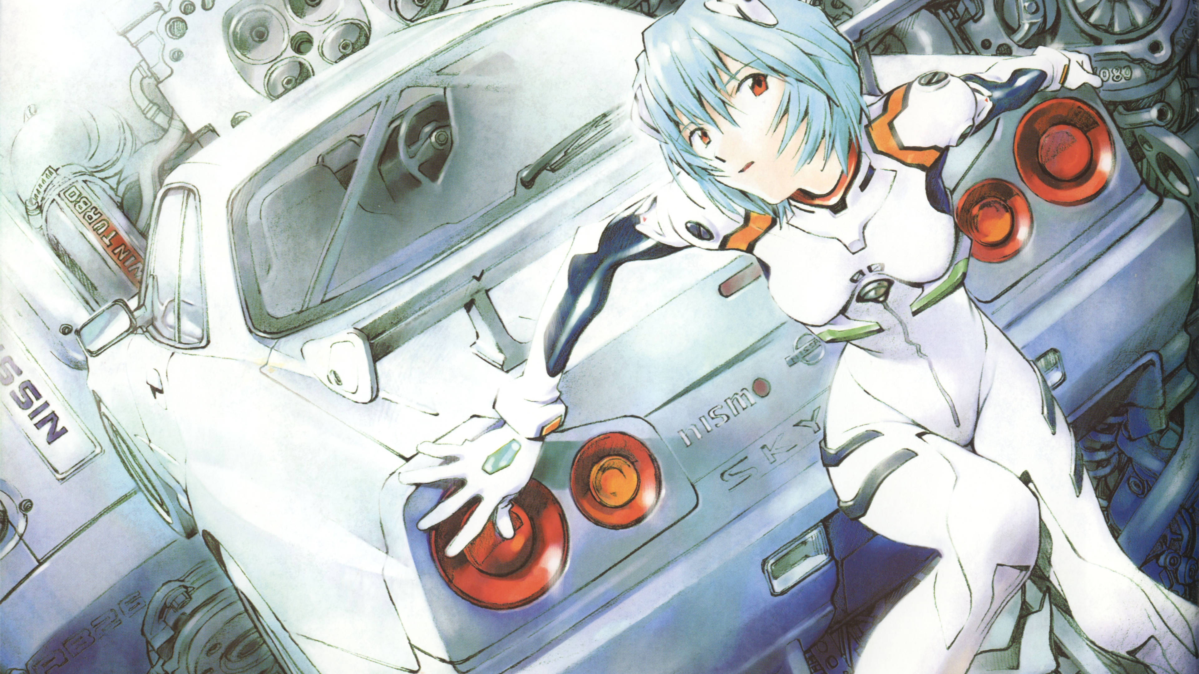 rei ayanami 桌布 壁紙 — 一位藍髮動漫女孩穿著白色賽車服，靠在一輛帶有紅色尾燈的白色日產Skyline GT-R上。