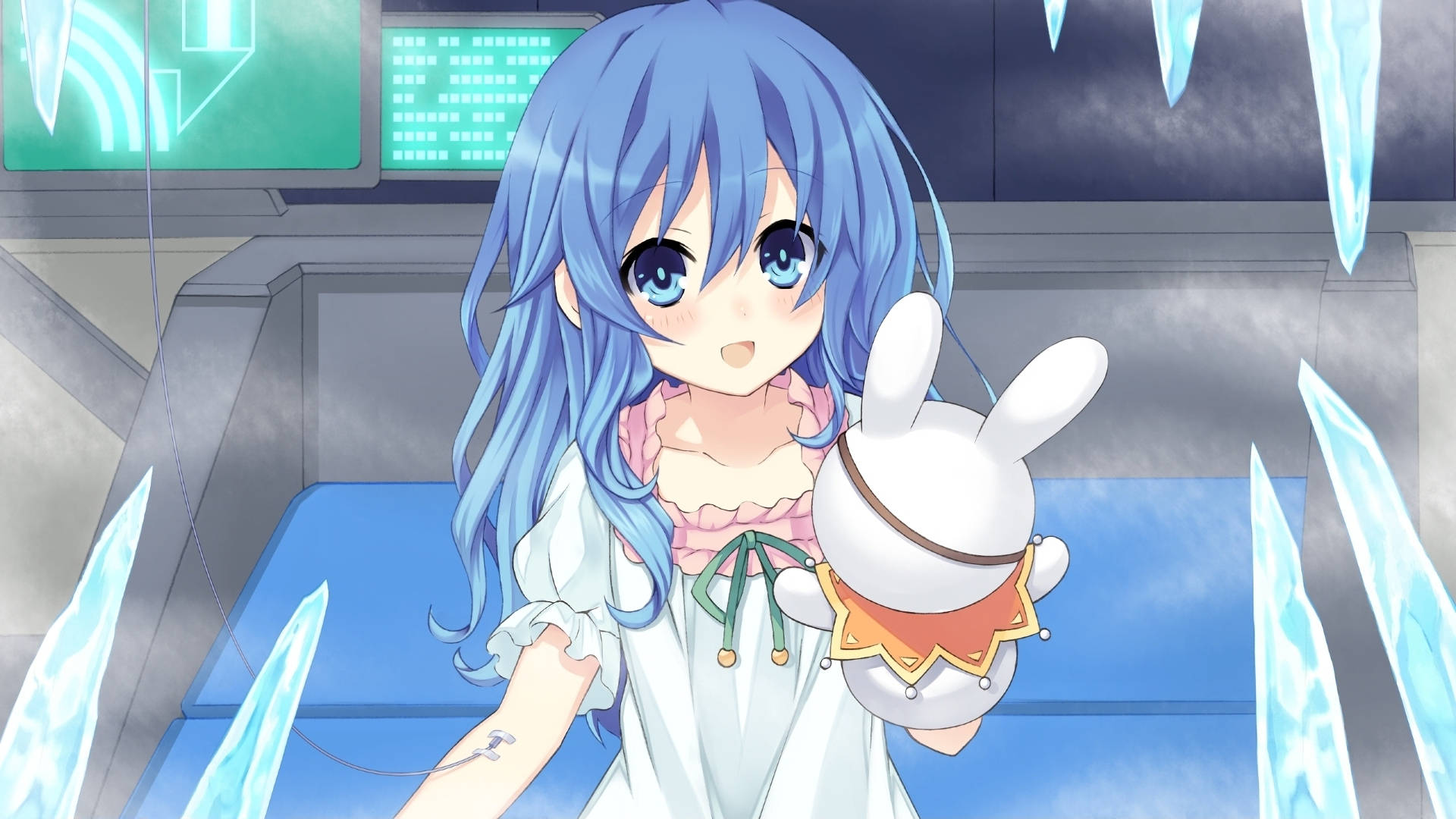 yoshino himekawa 桌布 壁紙 — 一位藍髮動漫女孩穿著白色連衣裙，在未來駕駛艙中，閃爍的冰晶環繞下抱著一隻毛絨兔子。