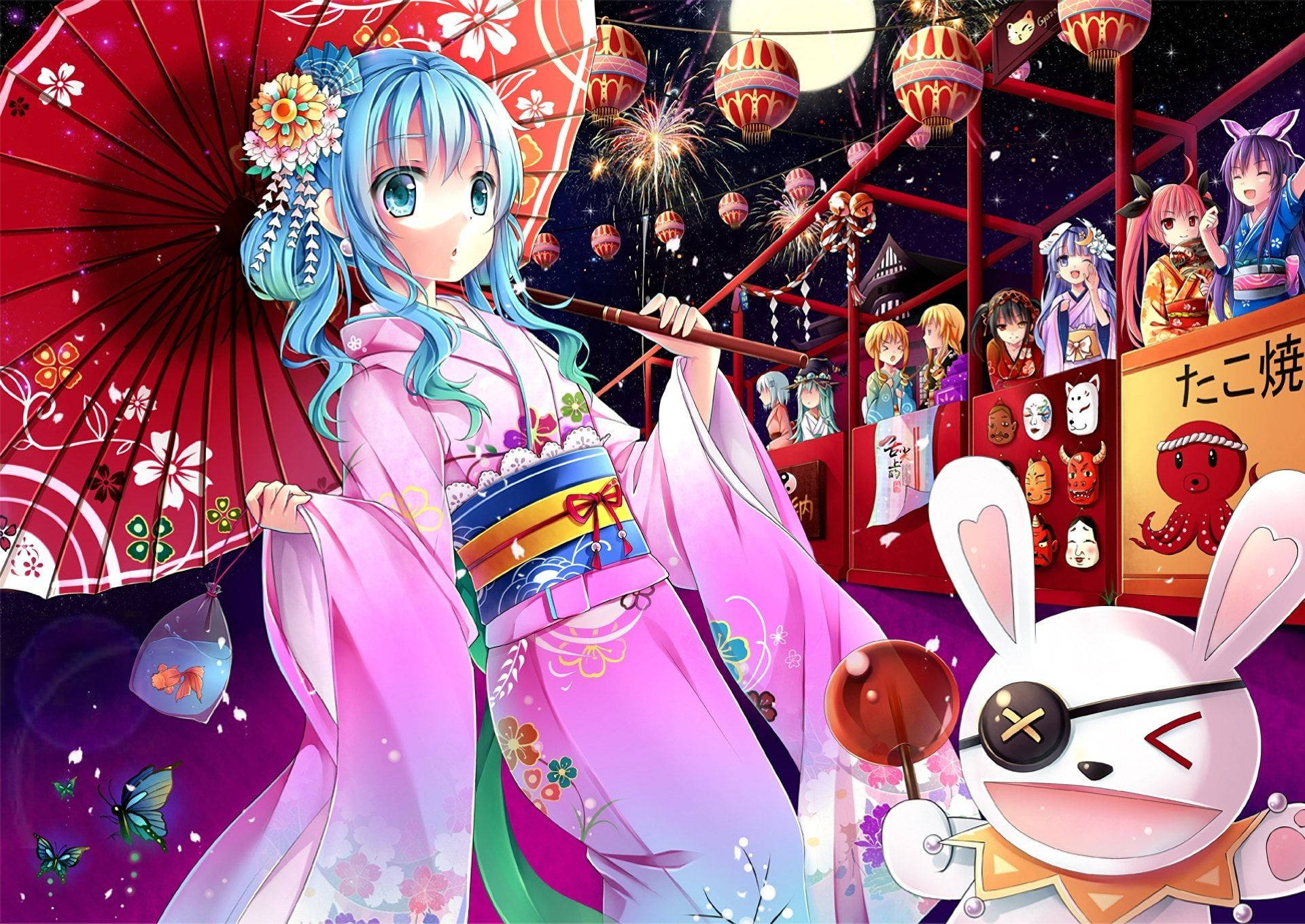 yoshino himekawa 桌布 壁紙 — 一位藍髮動漫女孩穿著粉紅色和服，在煙火和燈籠閃耀的熱鬧夜祭中撐著紅色雨傘。