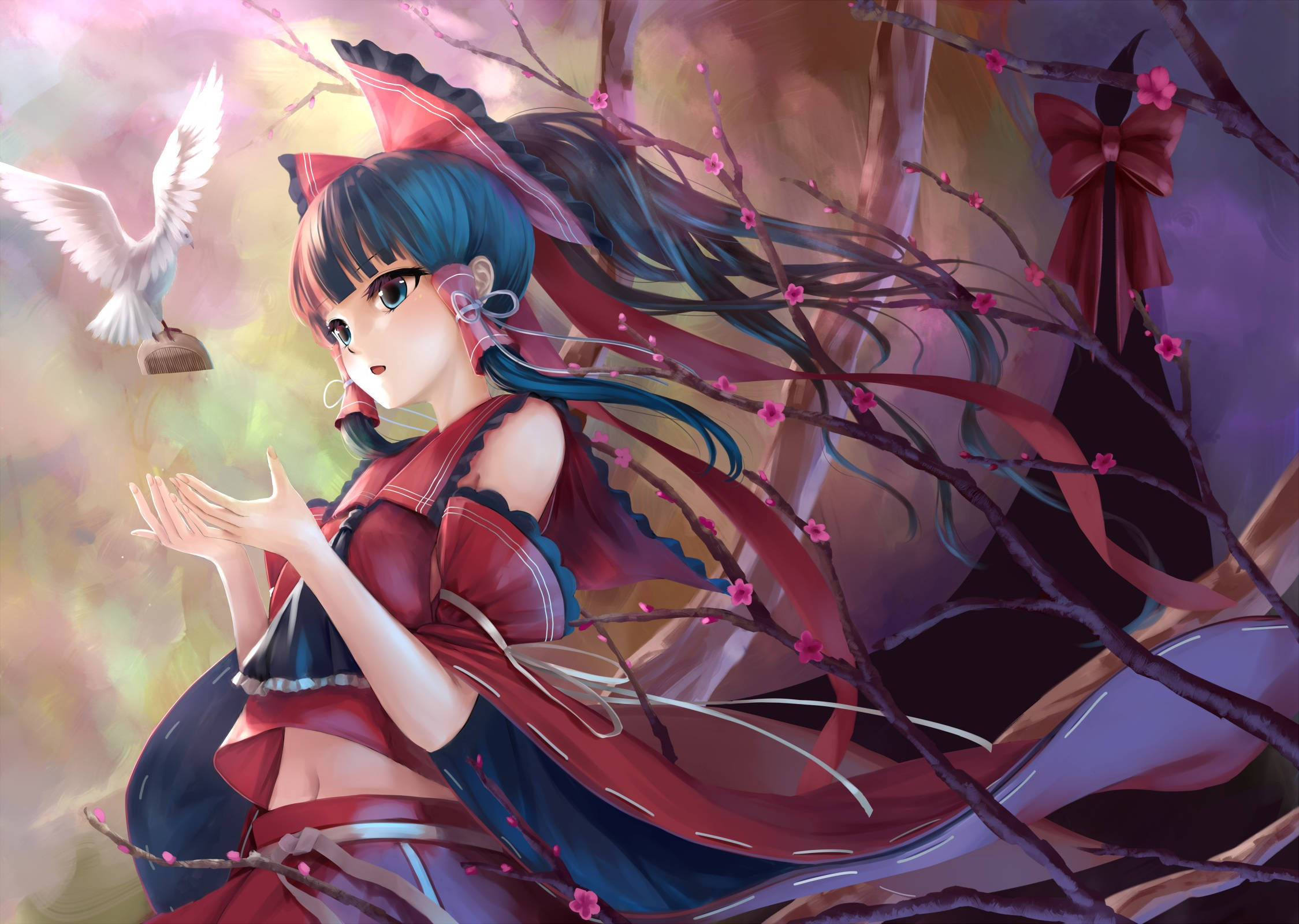 東方 桌布 壁紙 — 一位藍髮動漫女孩穿著紅色傳統服裝，輕輕伸出手，一隻白鳥飛近櫻花枝條。