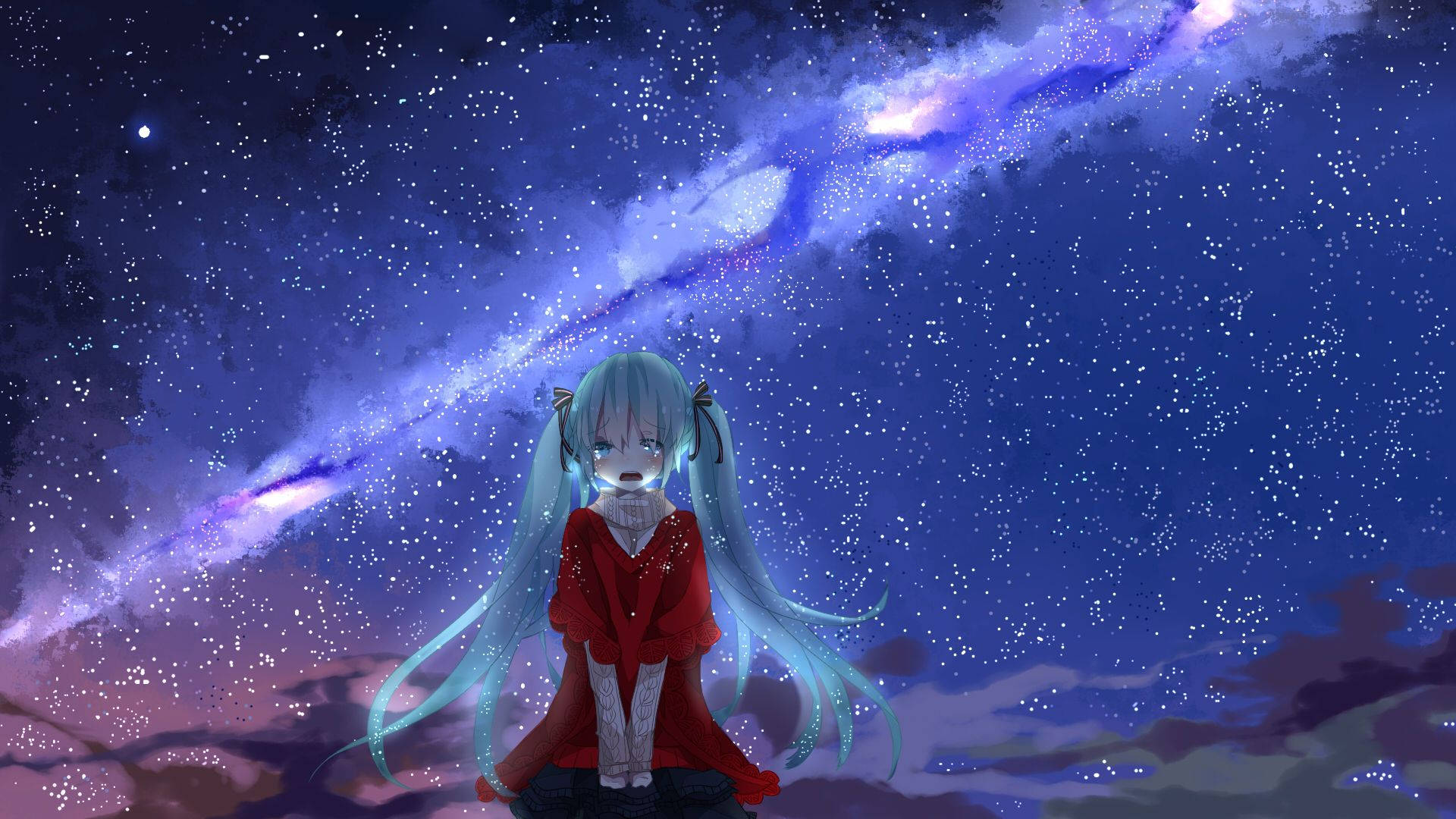 藍髮動漫女孩紅色外套星空下 — 憂鬱動漫女孩 GIF 壁紙