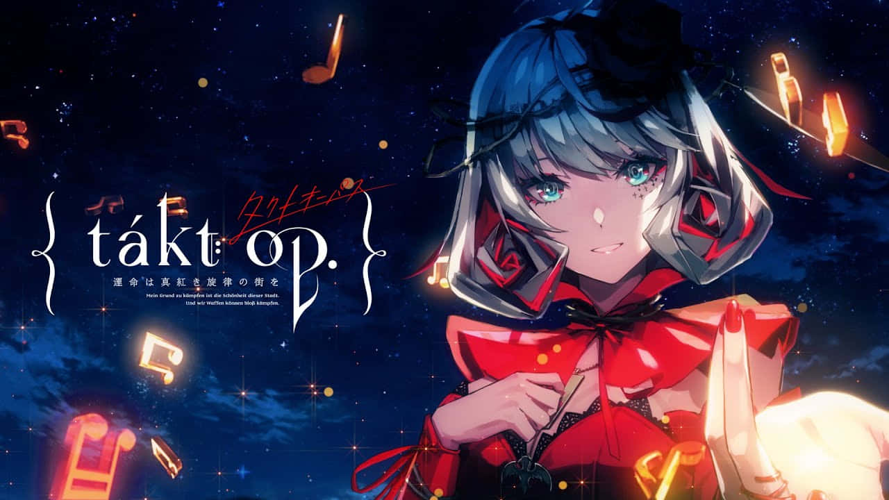 game 桌布 壁紙 — 一位藍髮動漫女孩穿著紅色服裝，在繁星點點的夜空下微笑，周圍有漂浮的音符和發光物體。
