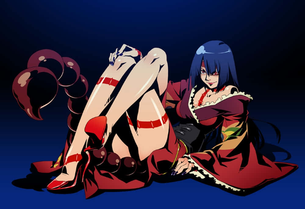 Gurren Lagann Adiane 桌布 壁紙 — 一位藍髮動漫女孩穿著紅色服裝和高跟鞋，在深藍色背景上帶有旋轉的黑暗球體，挑逗地躺臥著。