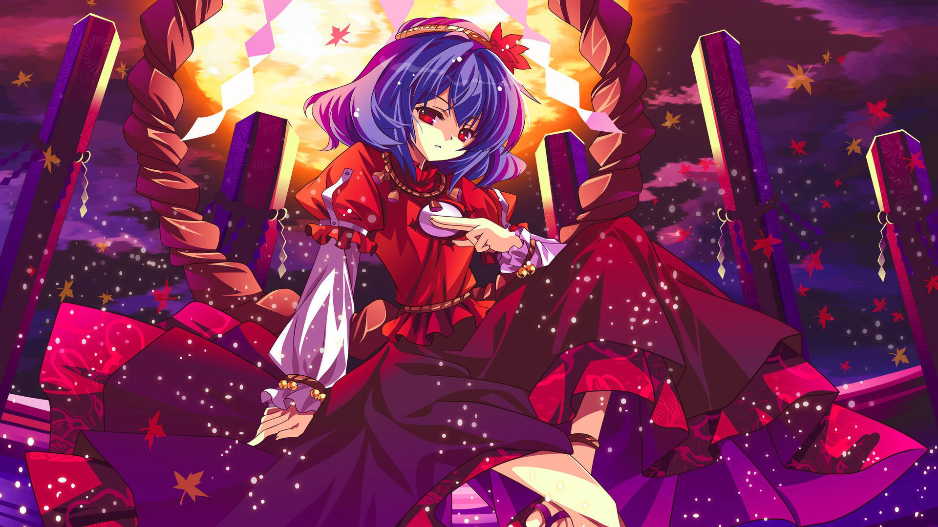 東方 桌布 壁紙 — 一位藍髮動漫女孩穿著紅色連衣裙，坐在由破碎柱子組成的王座上，背景是星光閃爍的黃昏天空。