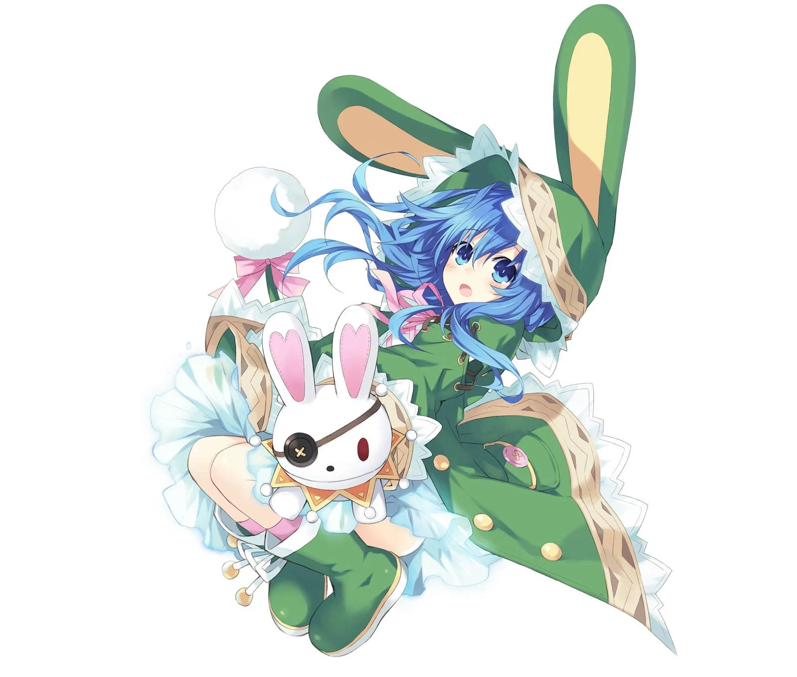 yoshino himekawa 桌布 壁紙 — 一位藍髮動漫女孩穿著綠色兔女郎裝，抱著一隻戴眼罩的白兔絨毛玩具。