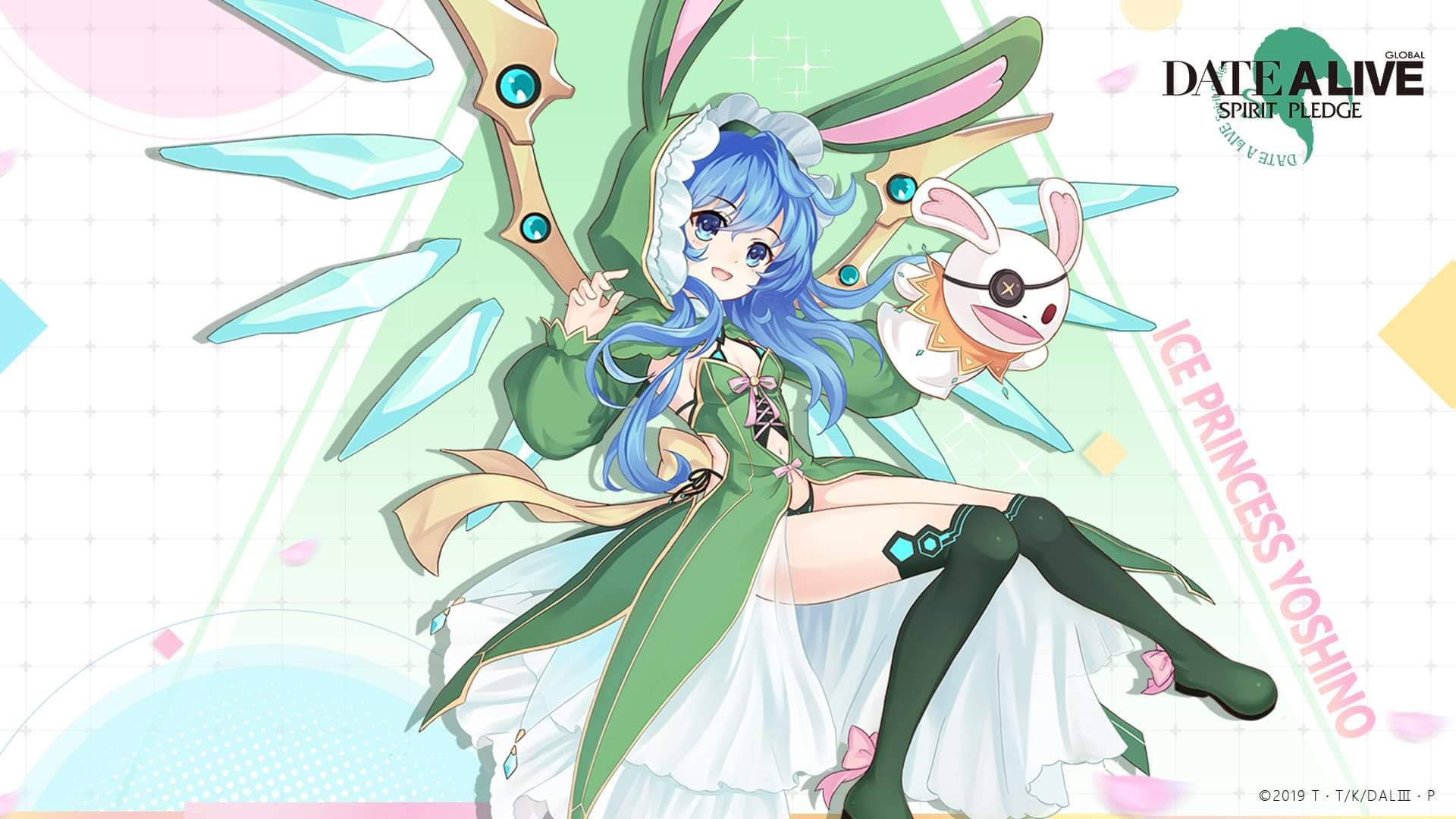 yoshino himekawa 桌布 壁紙 — 一位藍髮動漫女孩穿著綠色兔子主題服裝，手持法杖，旁邊坐著一隻小兔子，背景是粉彩幾何圖案。