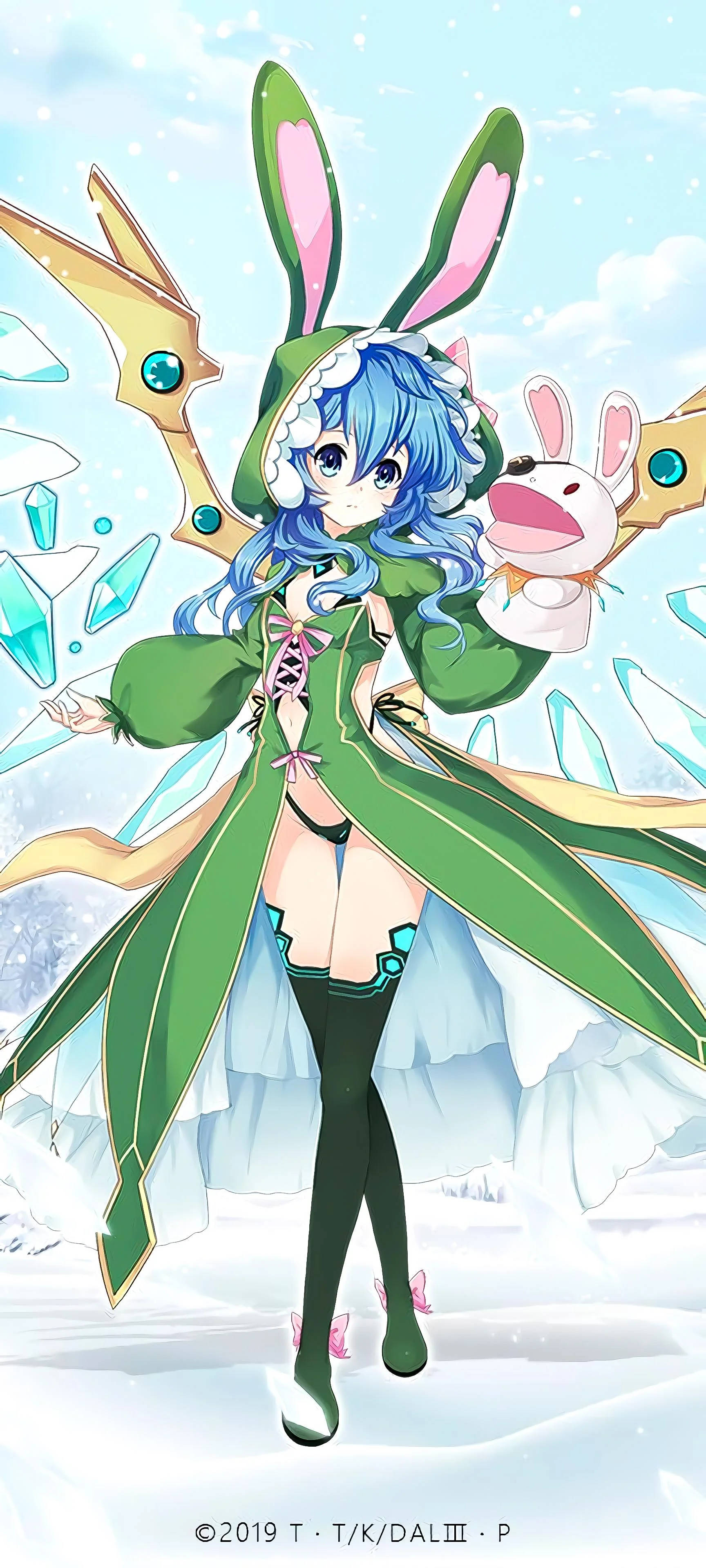yoshino himekawa 桌布 壁紙 — 一位藍髮動漫女孩穿著綠色兔子連帽外套，站在雪景中抱著一個毛絨兔子。