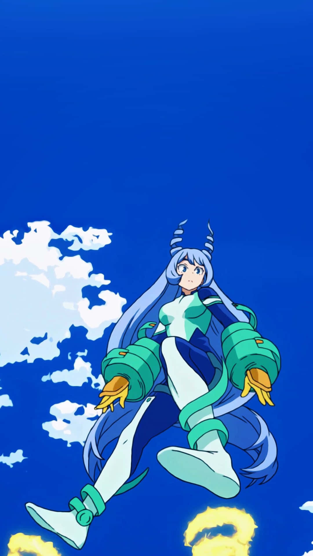 Nejire Hado 桌布 壁紙 — 一位藍髮動漫女孩穿著綠色和白色盔甲，漂浮在深藍色天空與白雲之間。