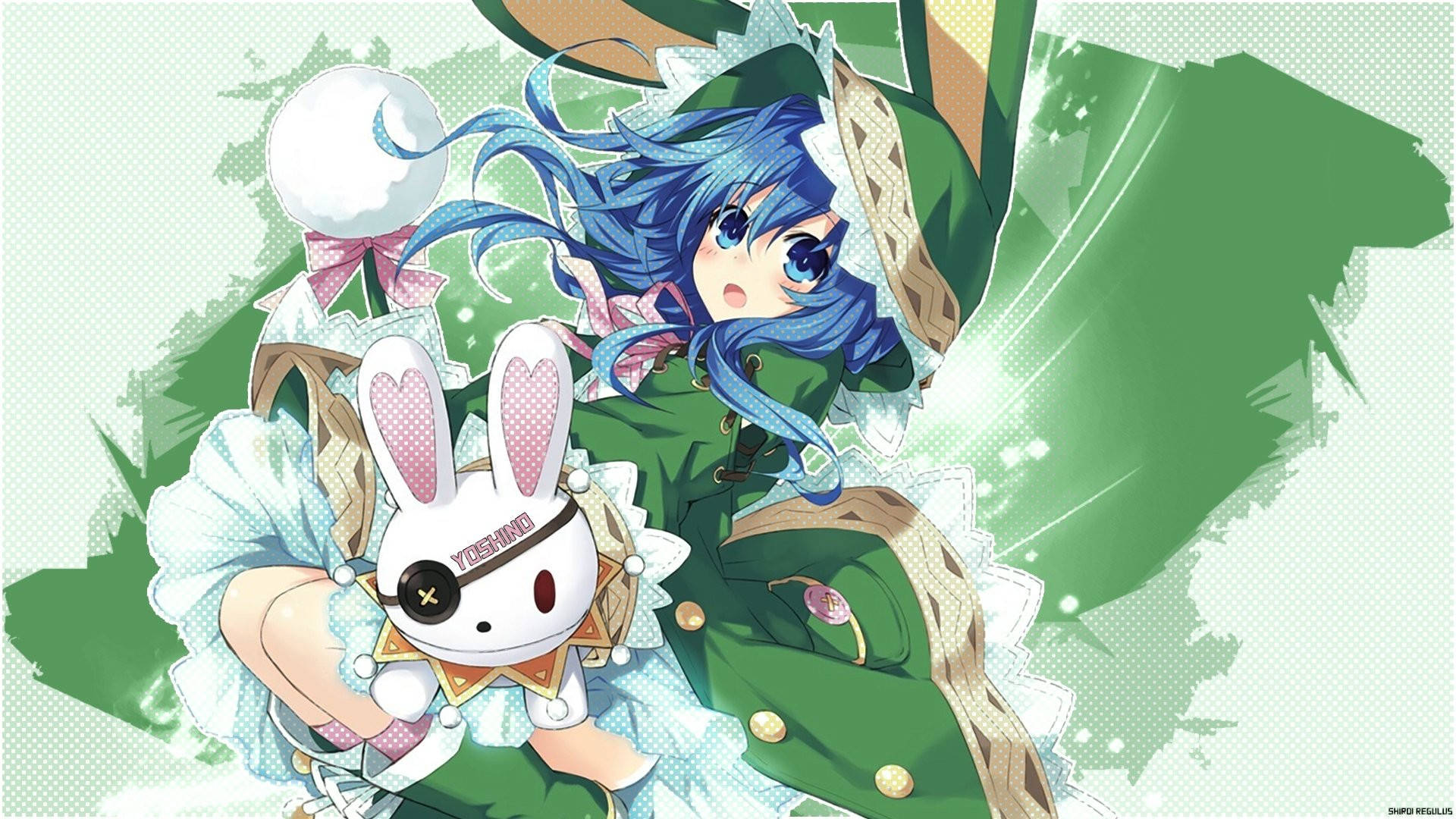 yoshino himekawa 桌布 壁紙 — 一位藍髮動漫女孩穿著綠色服裝，在充滿活力的綠色背景前抱著一隻戴眼罩的兔子絨毛玩具。