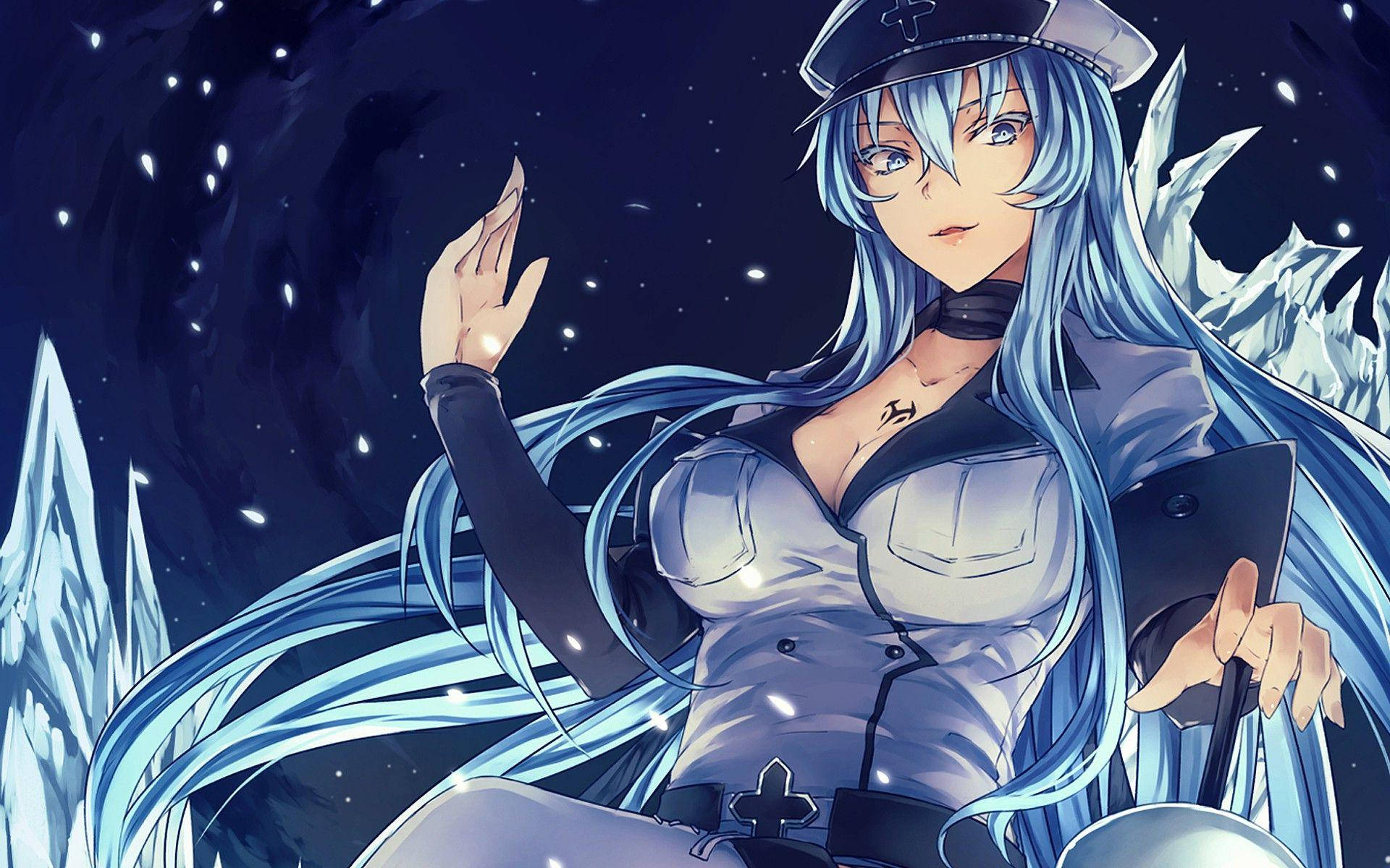 Esdeath 桌布 壁紙 — 一位藍髮動漫女孩穿著護士服，站在星光燦爛的夜空下，周圍是發光的冰晶。