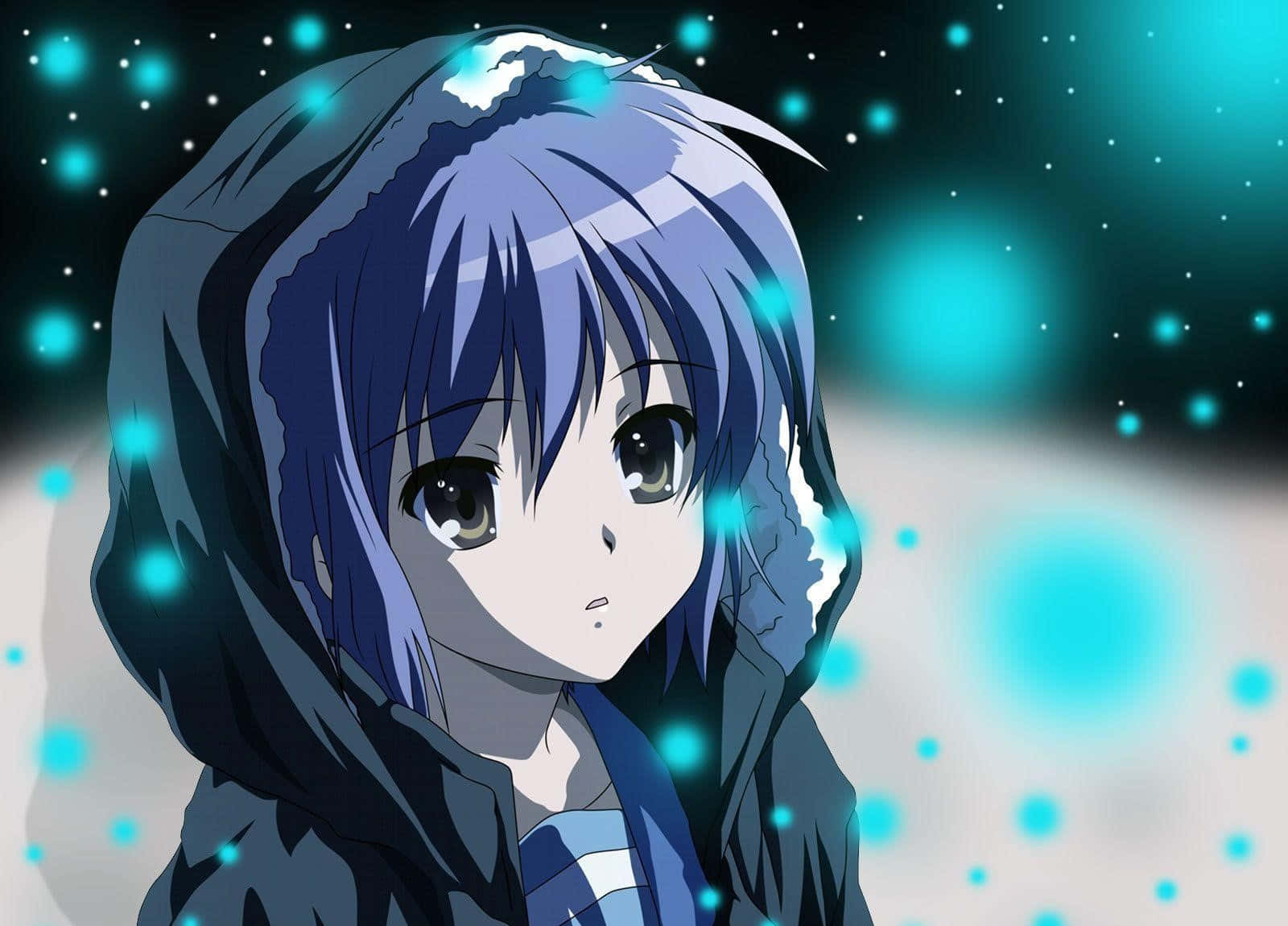 Yuki Nagato 桌布 壁紙 — 一位藍髮動漫女孩穿著連帽外套，溫柔地凝視著發光的藍綠色星空。