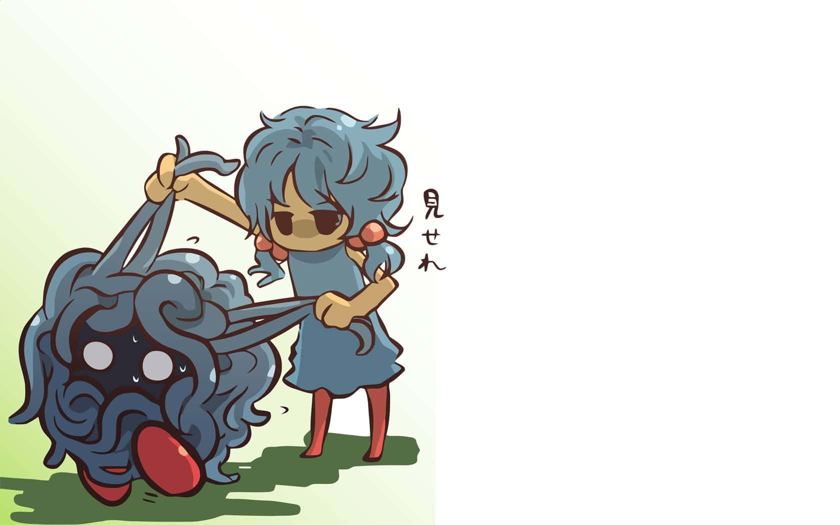 Pokemon Funny 桌布 壁紙 — 一位藍髮動漫女孩穿著連衣裙，在淡綠色背景前抓住一隻藍色大怪獸的四肢。