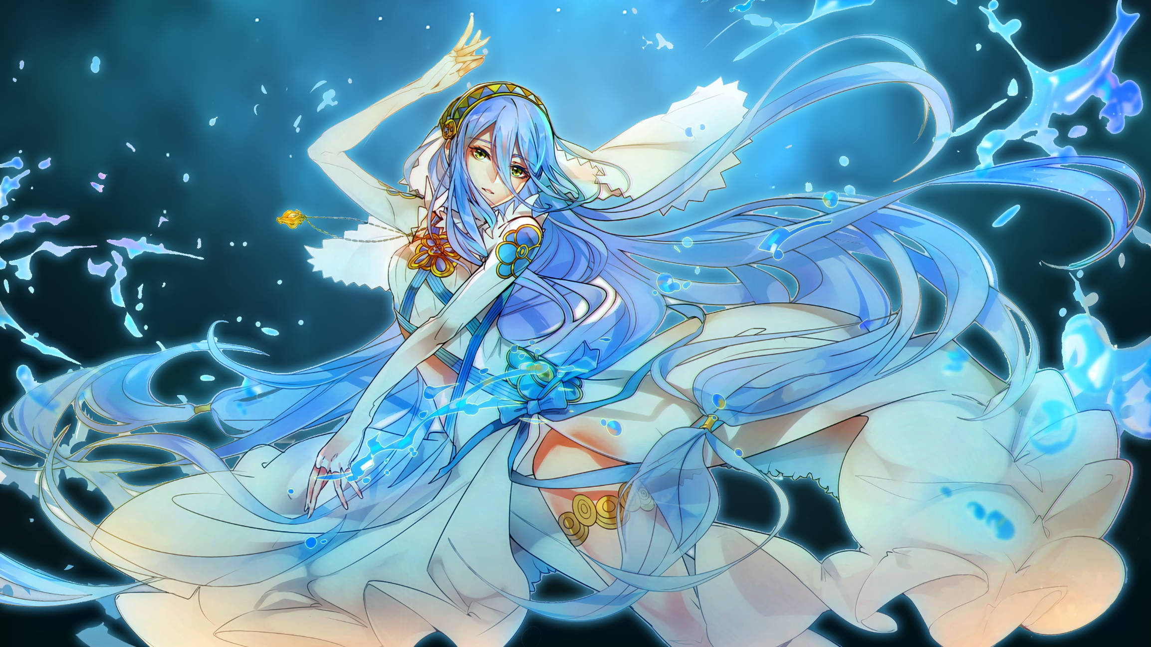 Fire Emblem 桌布 壁紙 — 一位藍髮動漫女孩穿著飄逸的白袍，在深藍色宇宙背景中閃爍的水花中跳舞。