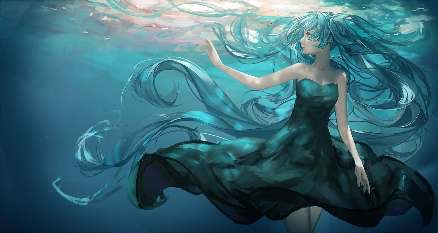 miku 桌布 壁紙 — 一位藍髮動漫女孩穿著飄逸的青綠色連衣裙，在光線從上方透入的水中優雅地滑行。