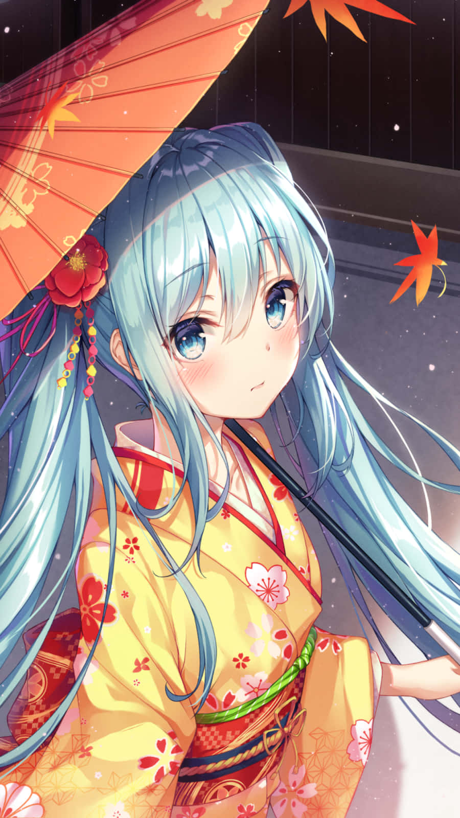 Vocaloid 桌布 壁紙 — 一位藍髮動漫女孩穿著黃色和服，手持橙色雨傘，在繁星點點的夜晚場景中，秋葉飄過她身邊。