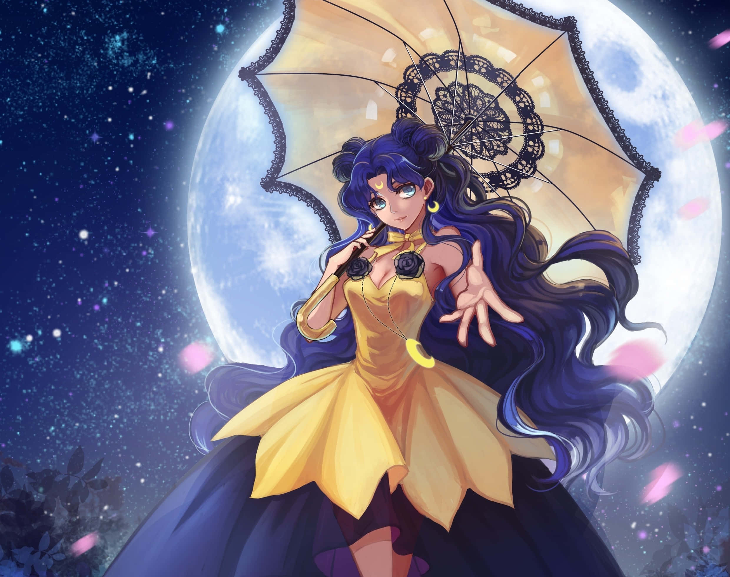 sailor moon 4K 桌布 壁紙 — 一位藍髮動漫女孩穿著黃色連衣裙，在繁星點點的夜空下，手持蕾絲陽傘，背景是一輪巨大的月亮。