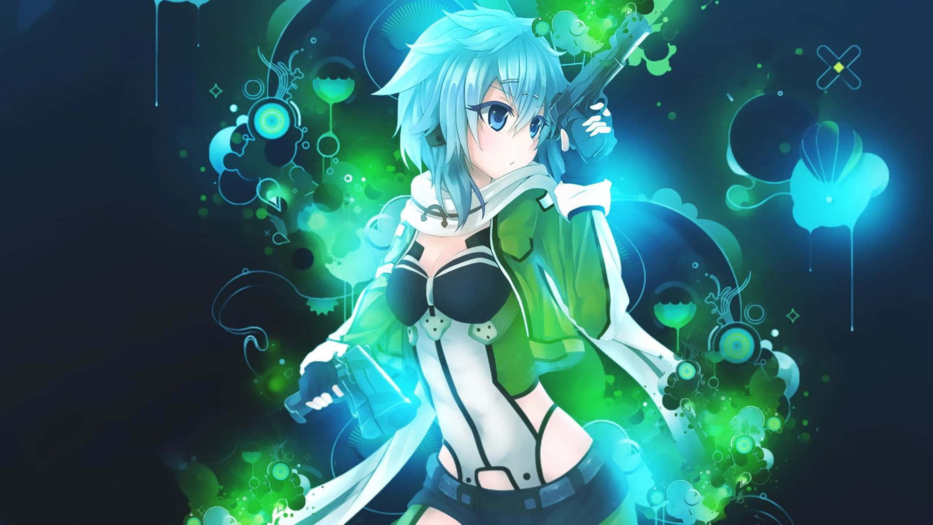 Sinon 桌布 壁紙 — 一位藍髮動漫女孩身穿綠色和白色服裝，在充滿活力的霓虹綠和藍色能量漩渦中手持發光武器。
