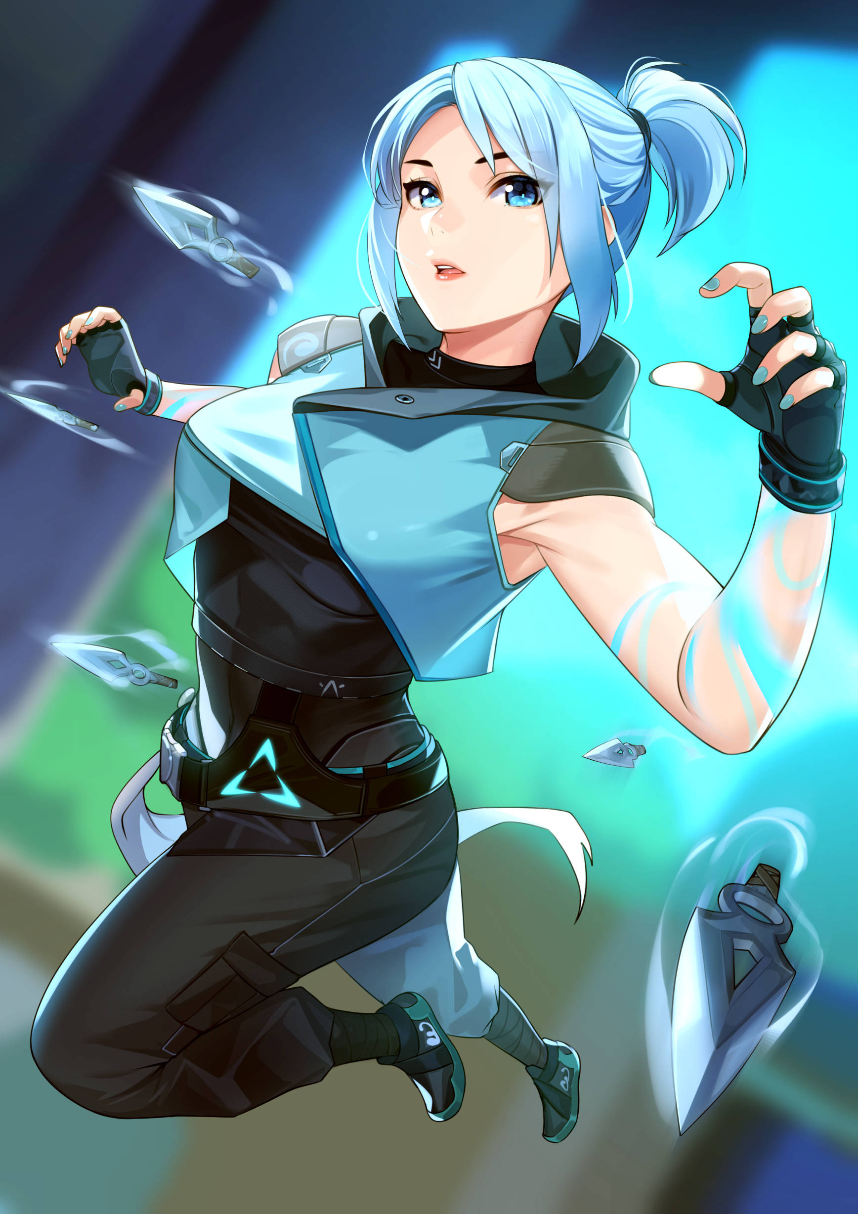 電玩遊戲 桌布 壁紙 — 一位藍髮動漫女孩身穿黑色和藍色裝備，動態跳躍，發光的飛刀在她周圍旋轉。