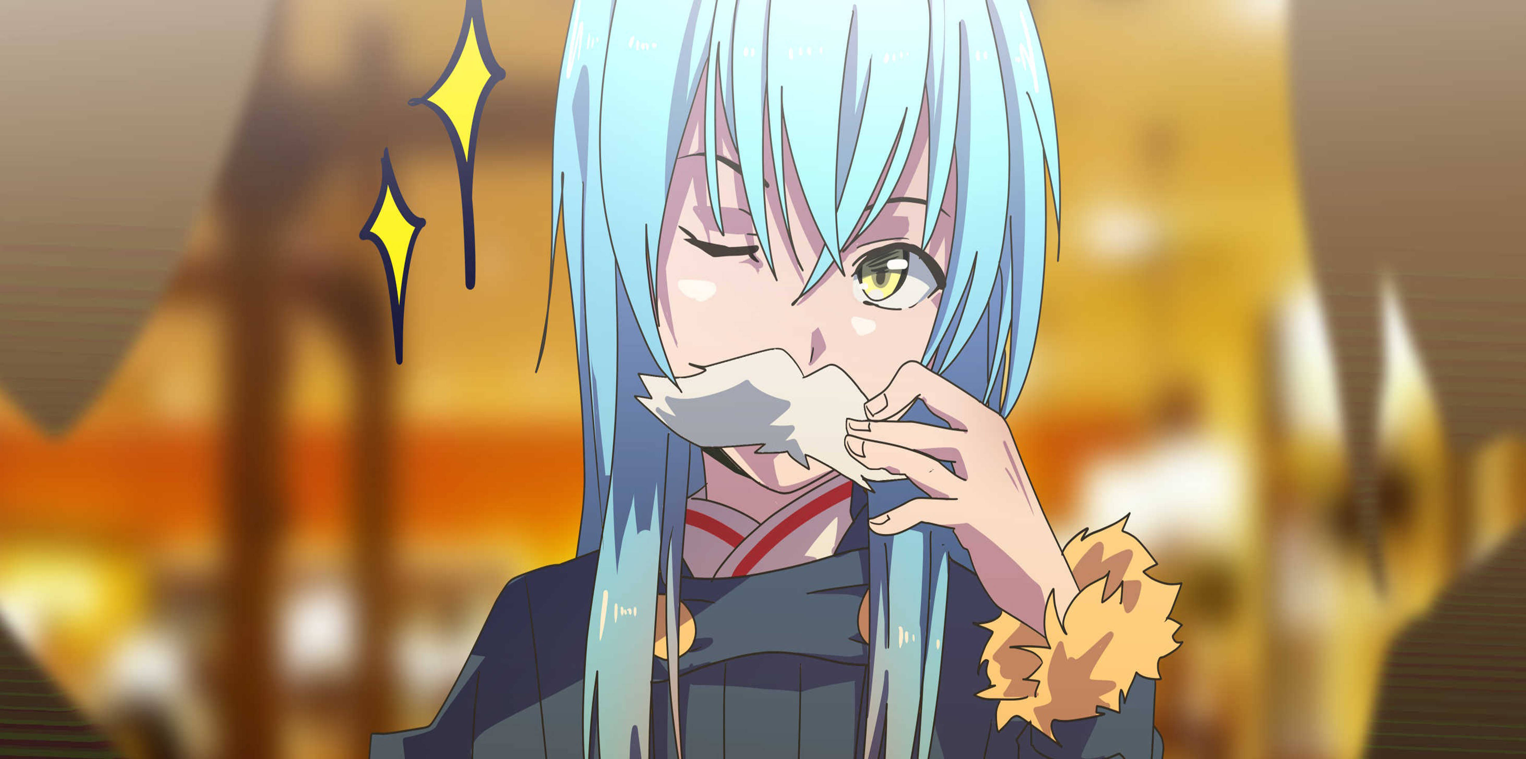 Rimuru 桌布 壁紙 — 一位藍髮動漫女孩閉著一隻眼微笑，手持紙巾掩嘴，背景是溫暖的金色。