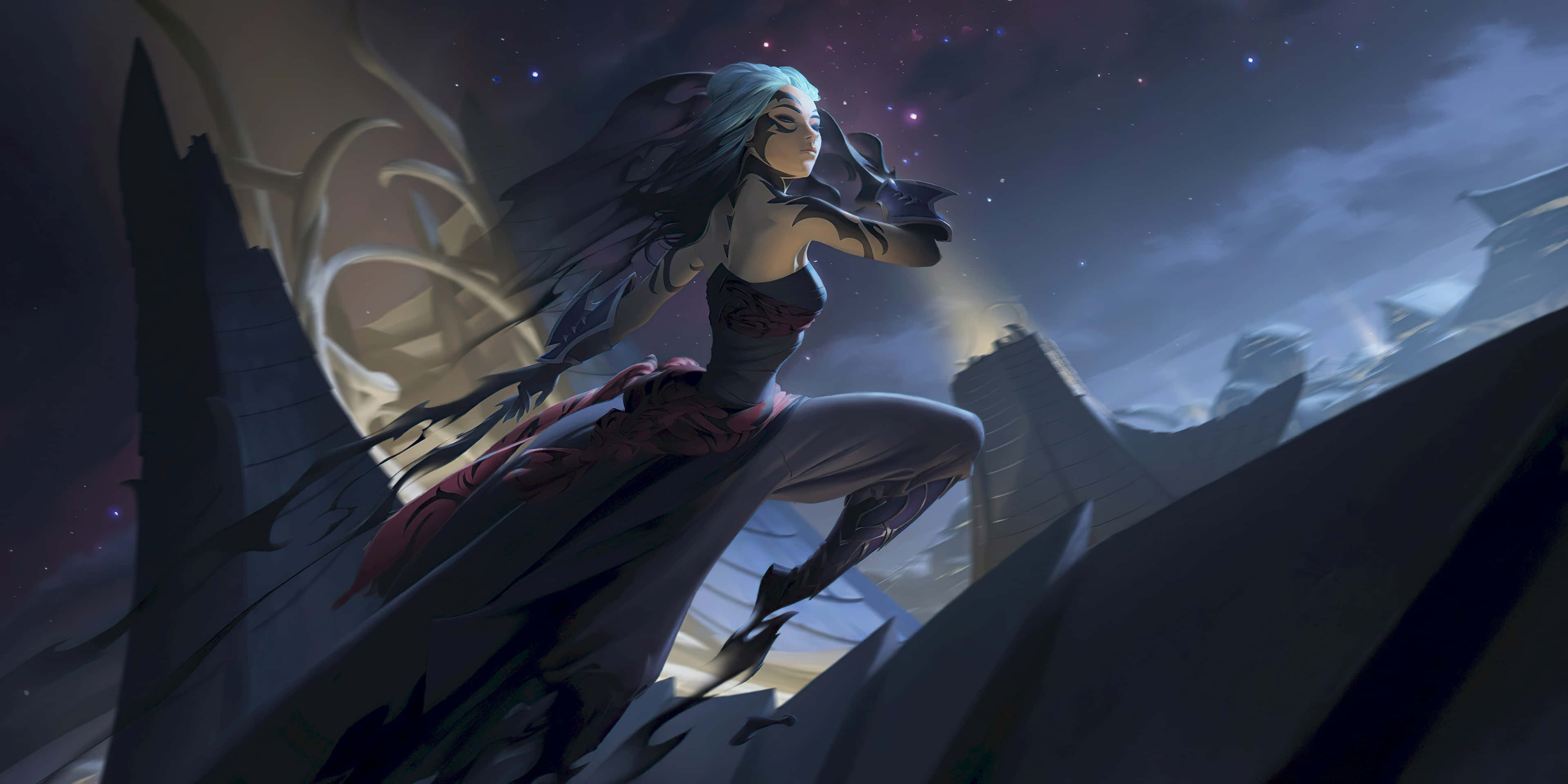 電玩遊戲 桌布 壁紙 — 一位藍髮動漫女性，擁有流動的黑色翅膀，在星光暮色下跳過崎嶇的懸崖。
