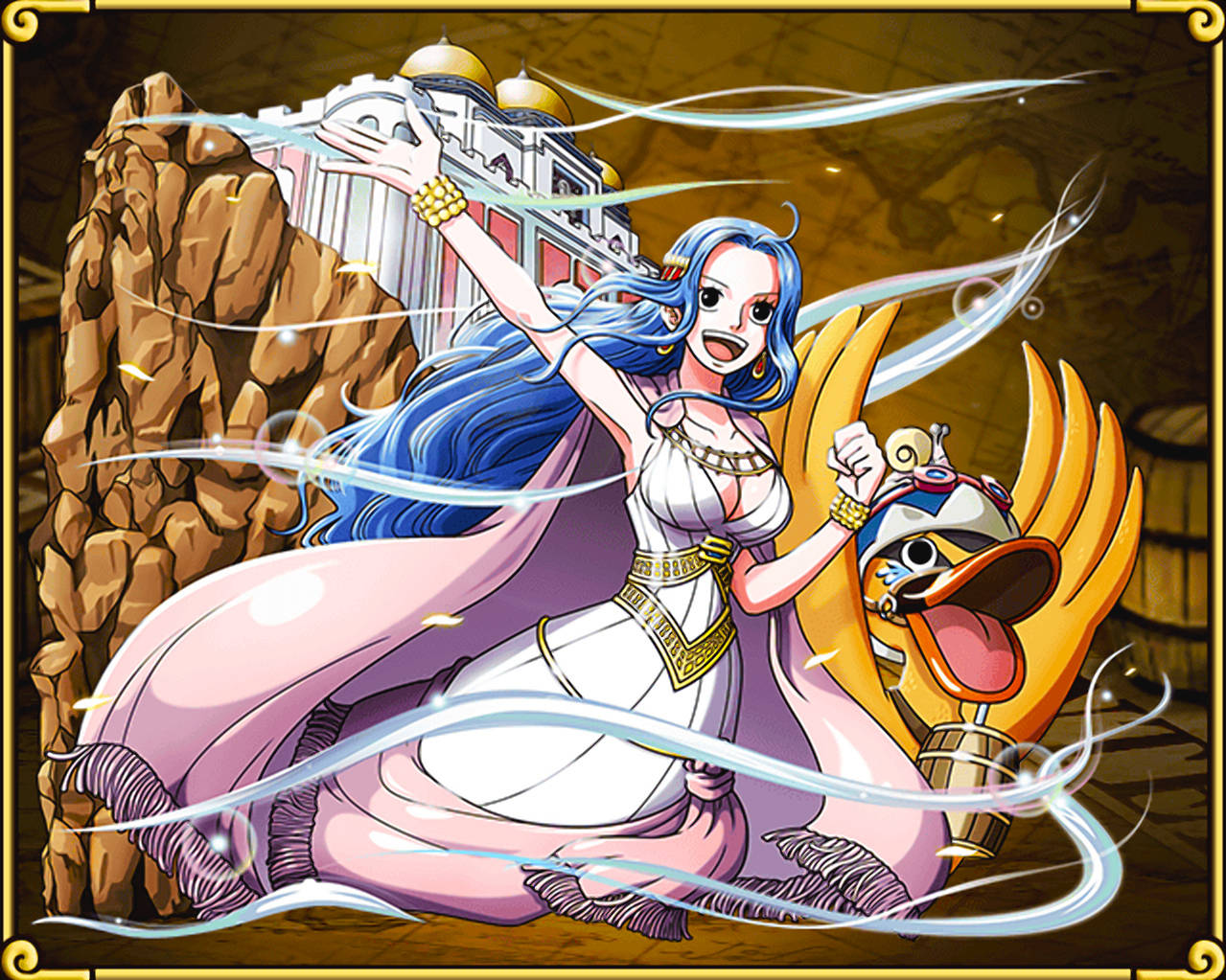 nefertari vivi 桌布 壁紙 — 一位藍髮動漫女性穿著白色和粉紅色的連衣裙，騎著戴水手帽的金色鴨子穿過旋轉的水效果。