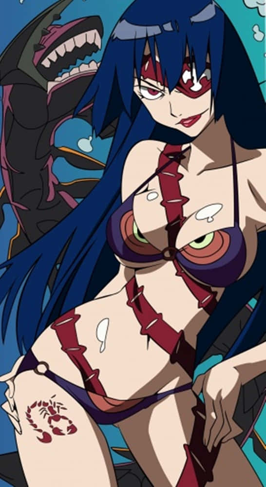Gurren Lagann Adiane 桌布 壁紙 — 一位藍髮動漫女性穿著紅紫色比基尼，帶有蠍子刺青，自信地凝視著，身後一頭巨鯊猛撲而來。
