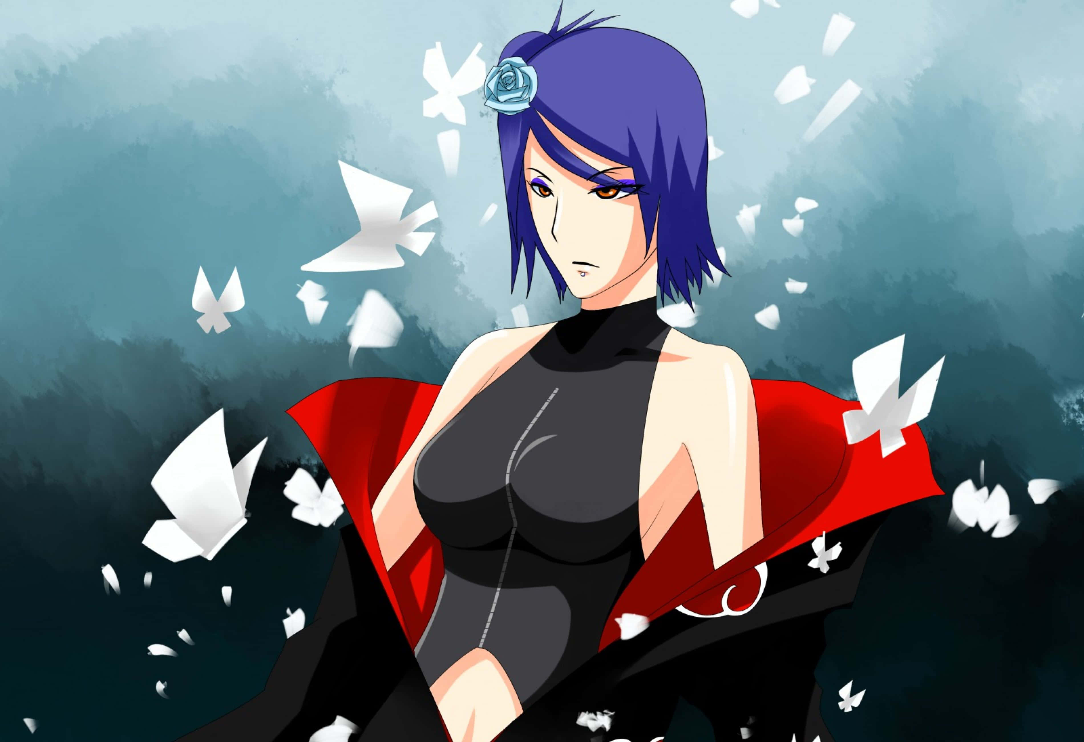 Konan 桌布 壁紙 — 一位藍髮動漫女性穿著黑色服裝和紅色斗篷，站在漂浮的白色紙蝴蝶中，背景是憂鬱的青綠色。