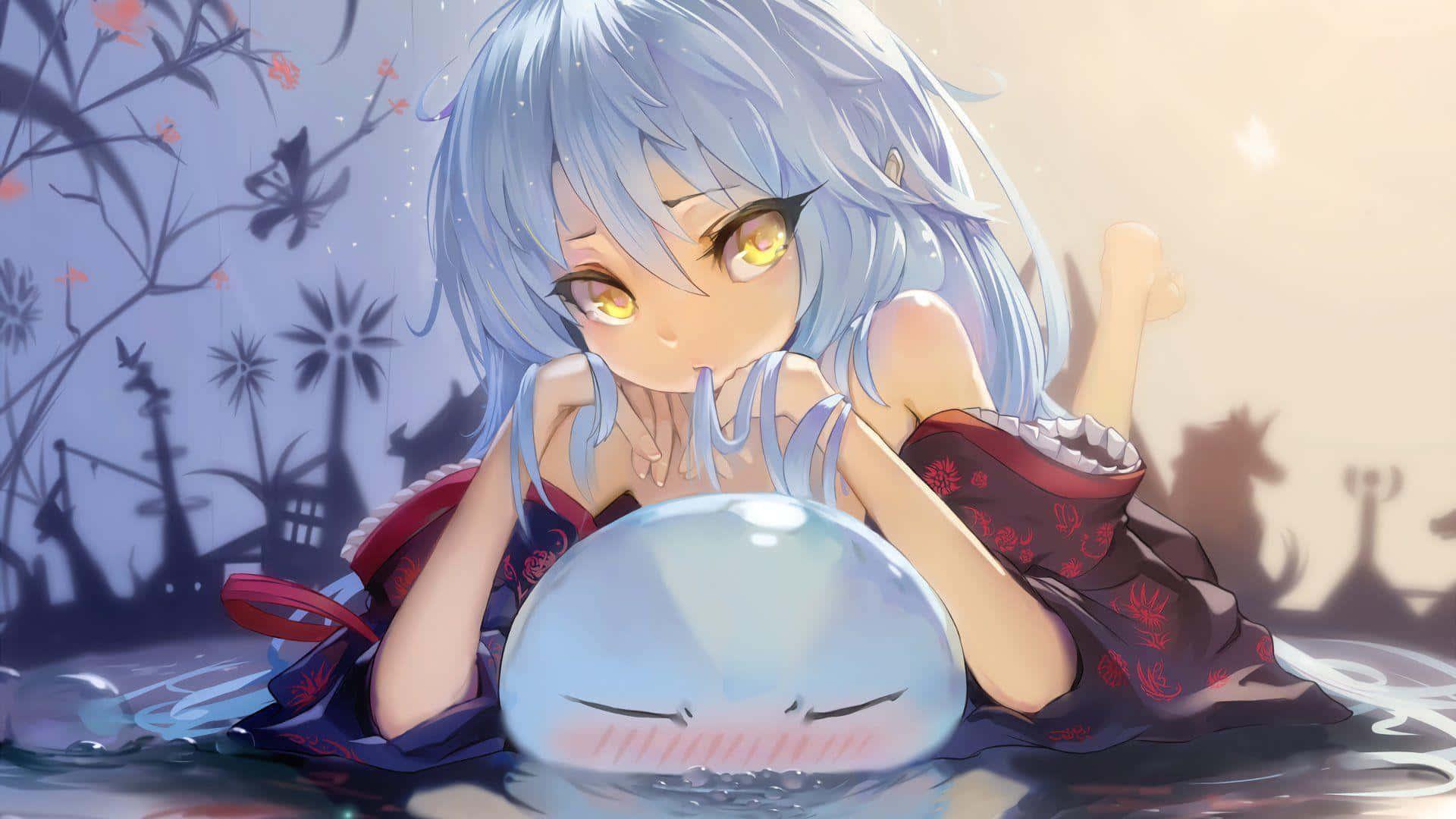 That Time I Got Reincarnated As A Slime 桌布 壁紙 — 一位藍髮動漫少女，閃爍著黃色眼睛，在寧靜如夢的水景中，躺在一條沉睡的鯨魚旁邊休息。