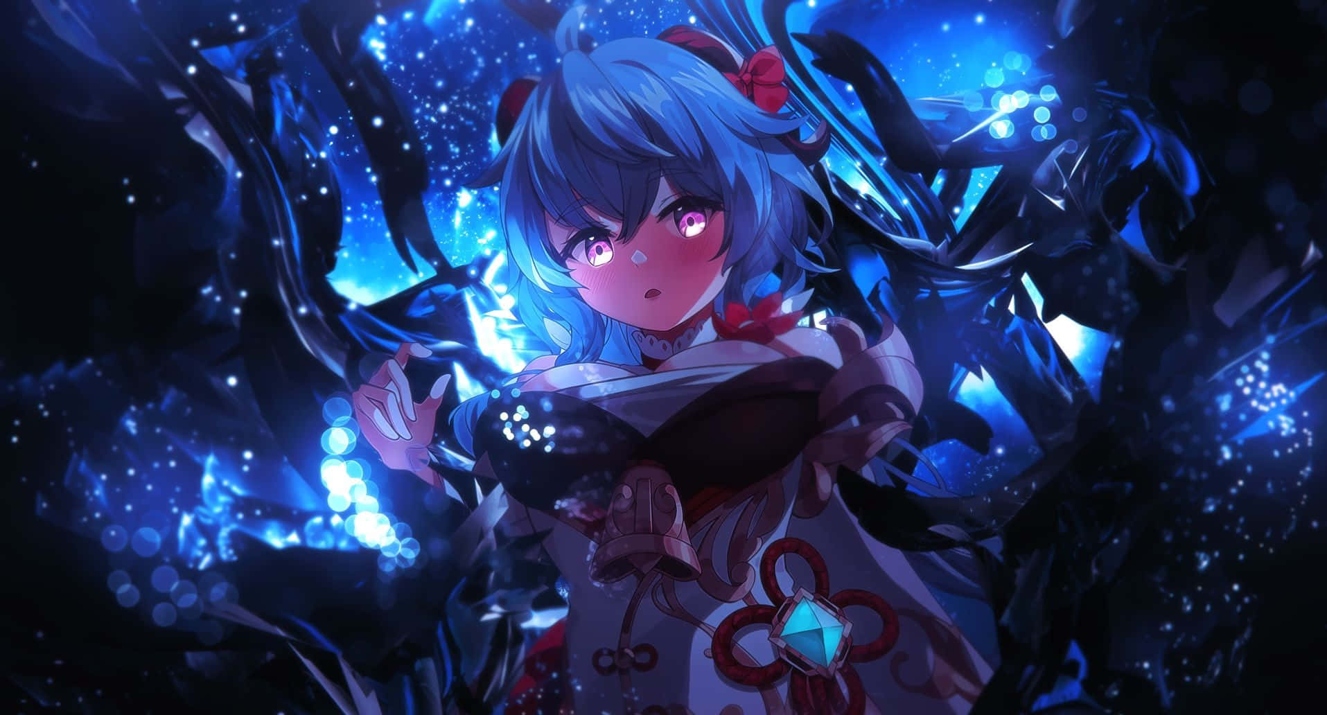 Genshin Impact Ganyu 桌布 壁紙 — 一位藍髮動漫少女，雙眼發光，在旋轉的宇宙藍黑背景中揮舞著魔法能量。