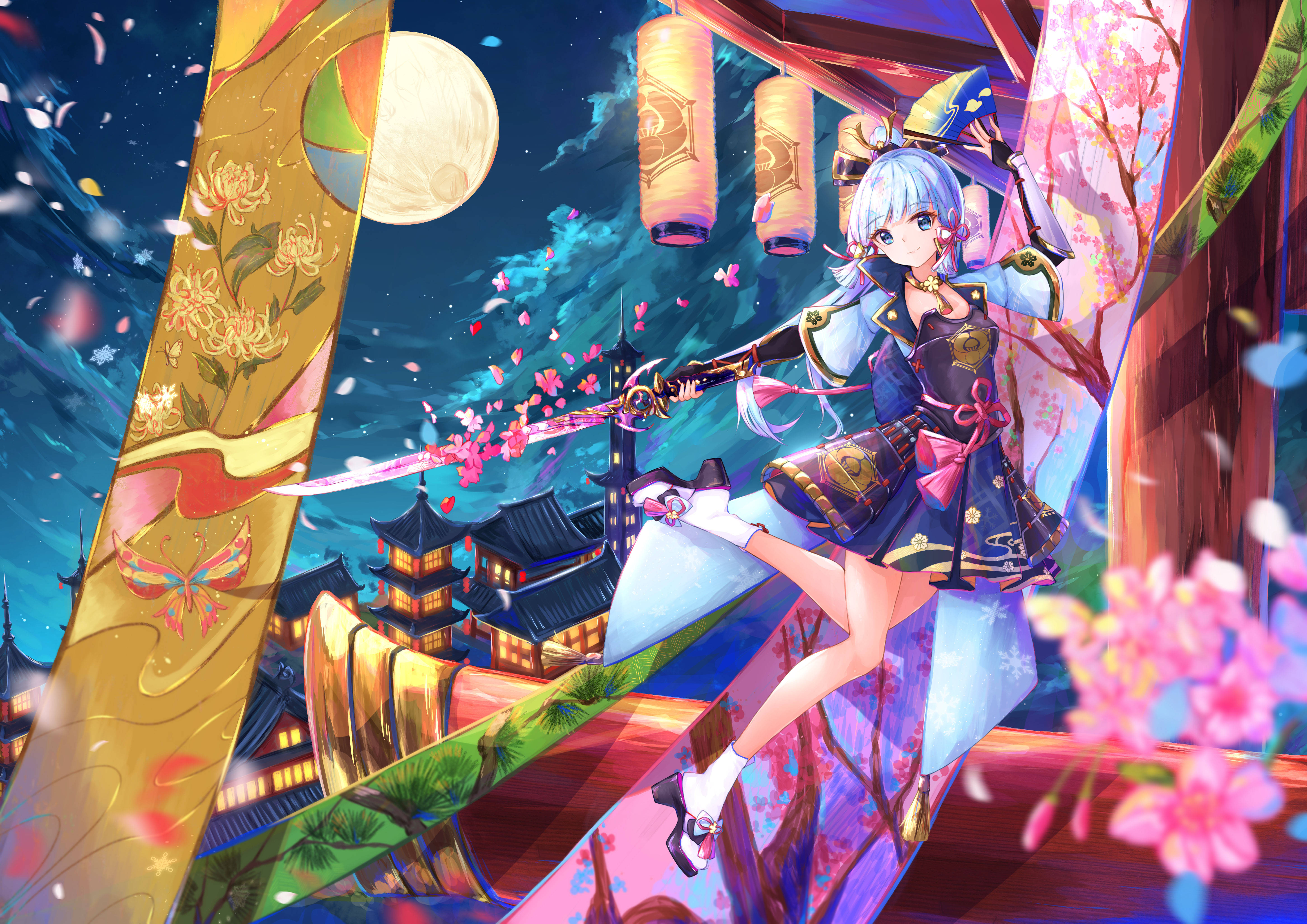 電玩遊戲 桌布 壁紙 — 一位藍髮動漫少女穿著傳統服飾，在滿月下揮劍穿過櫻花，照耀著發光的日本小鎮。